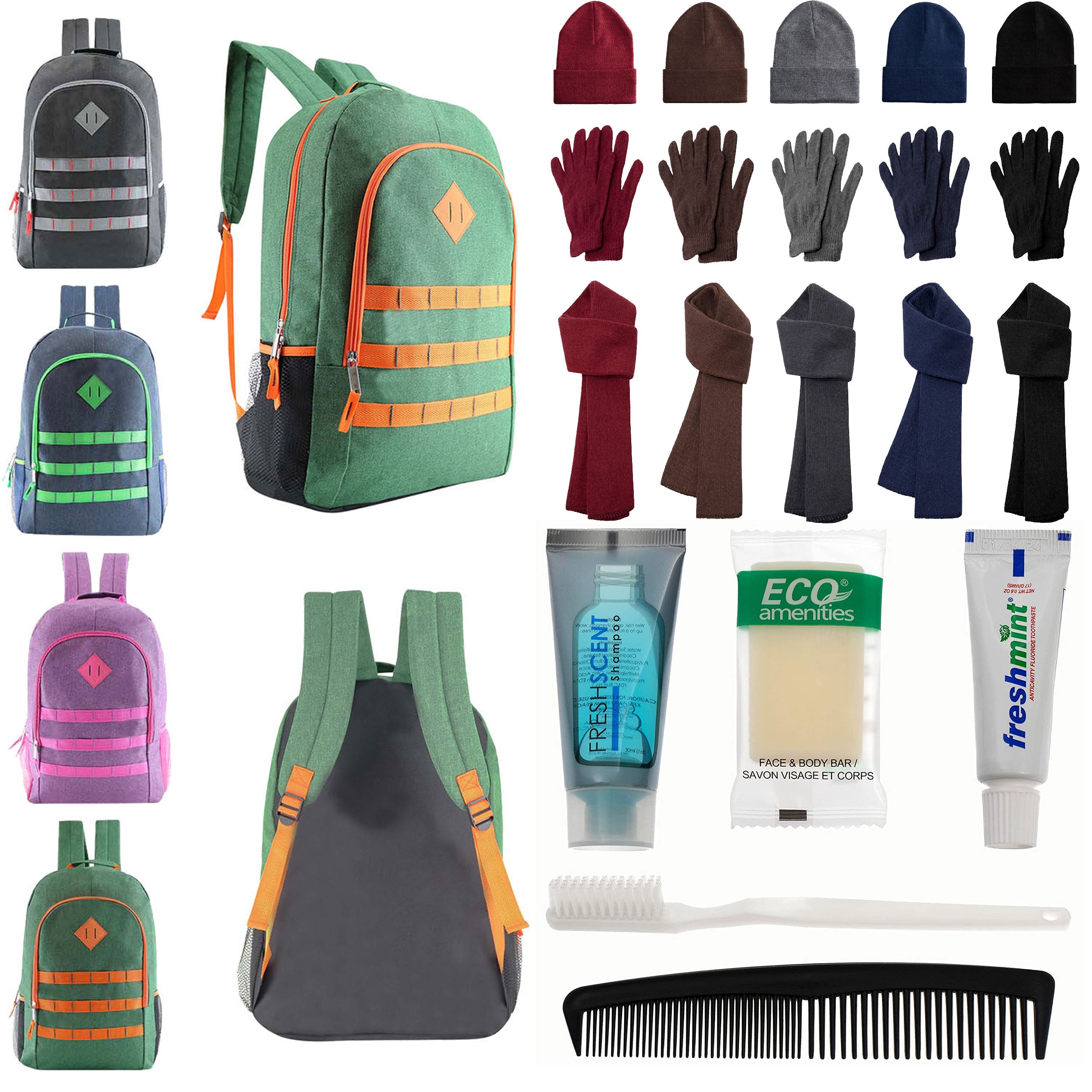 12 Deluxe 19" Backpacks in 4 Colors, 12 Winter Item Sets & Your Choice of 12 Bulk Hygiene Kits - Wholesale Homeless Care Package