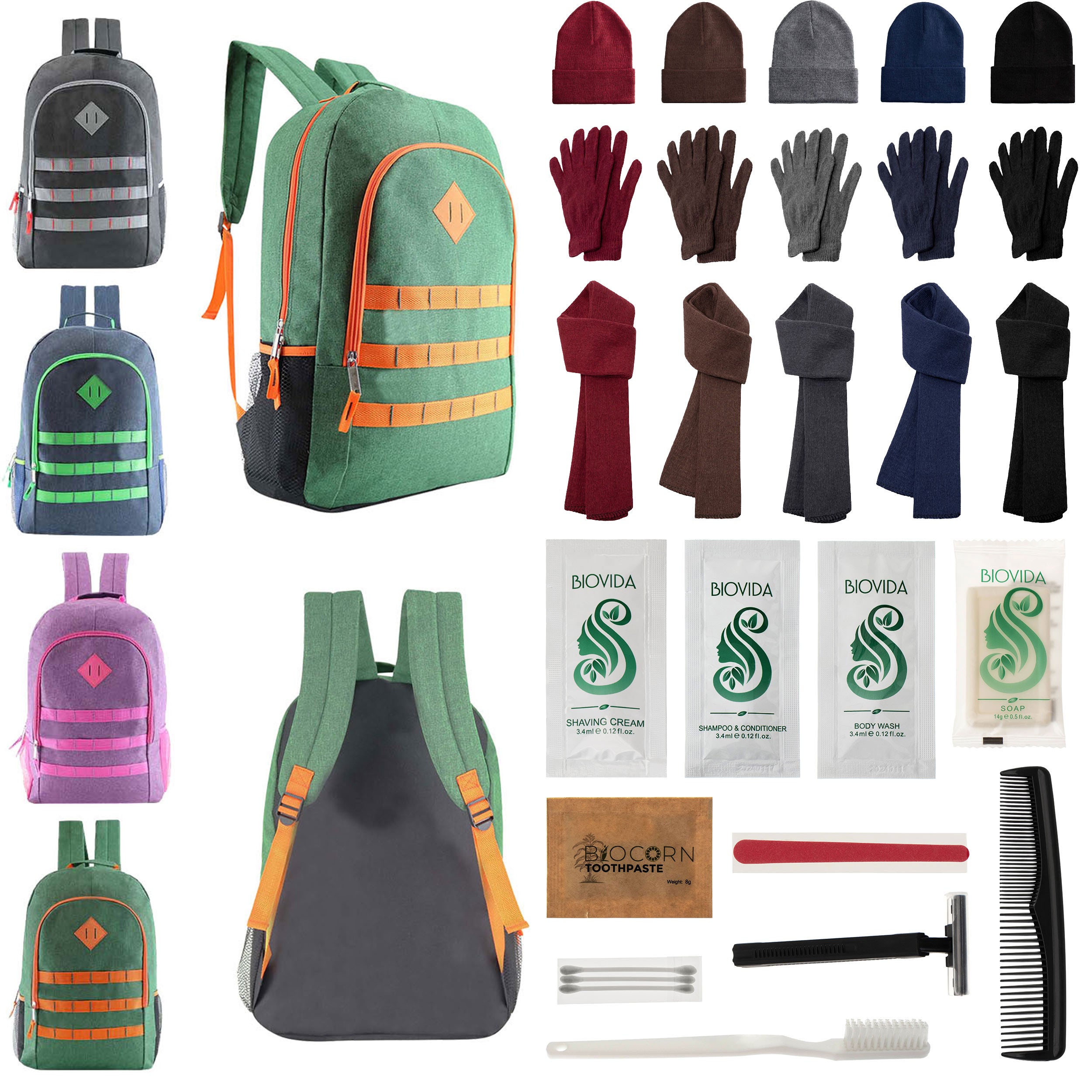 12 Deluxe 19" Backpacks in 4 Colors, 12 Winter Item Sets & Your Choice of 12 Bulk Hygiene Kits - Wholesale Homeless Care Package