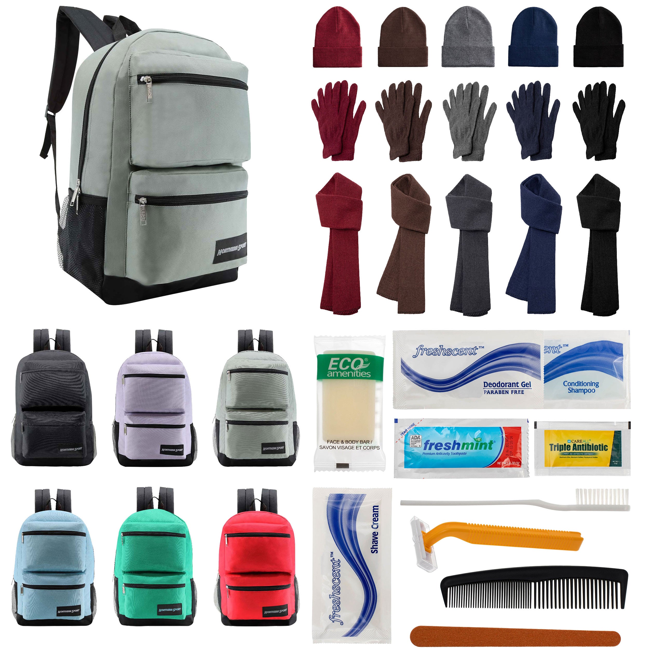 12 Premium 19" Backpacks in 4 Colors, 12 Winter Item Sets & Your Choice of 12 Bulk Hygiene Kits - Wholesale Homeless Care Package
