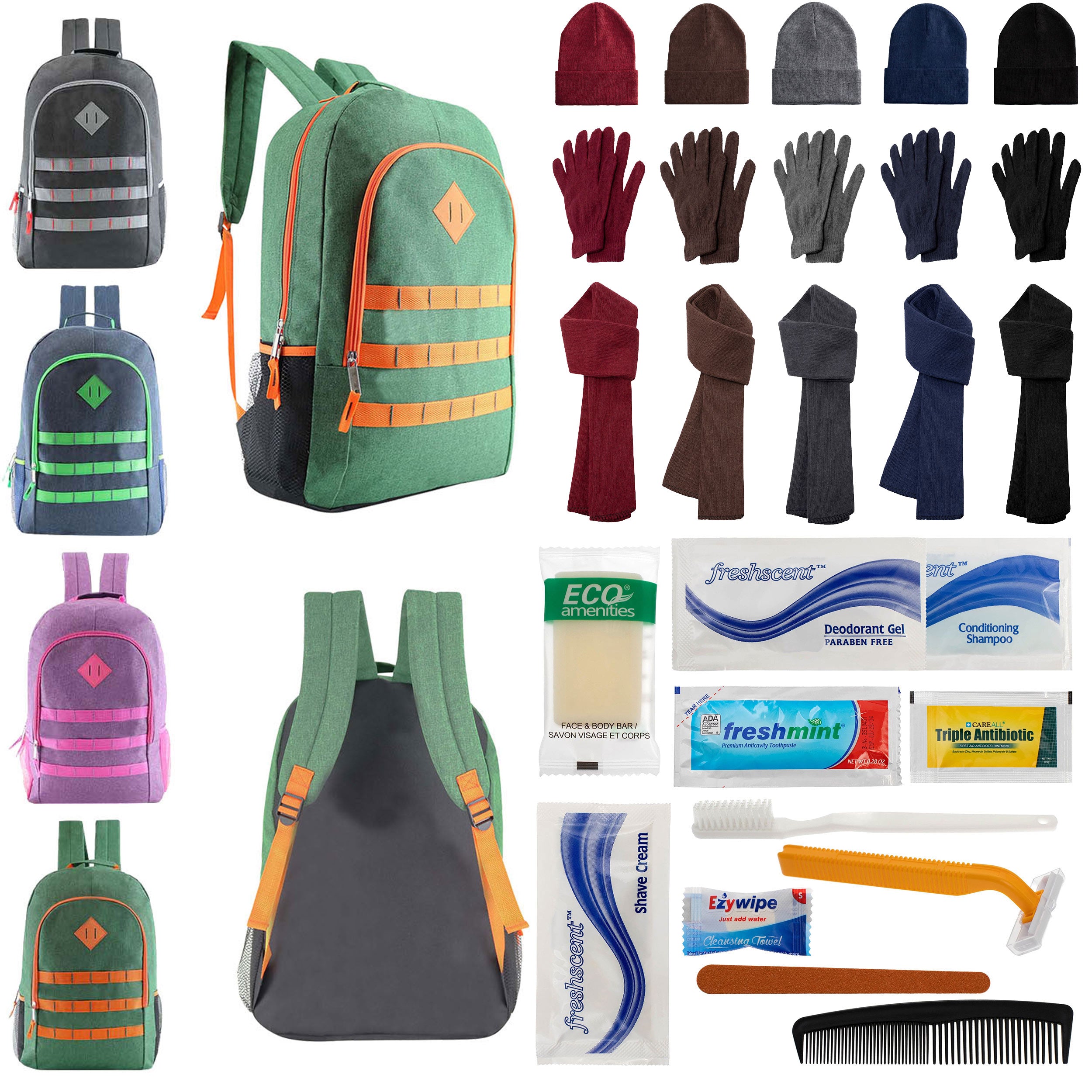 12 Deluxe 19" Backpacks in 4 Colors, 12 Winter Item Sets & Your Choice of 12 Bulk Hygiene Kits - Wholesale Homeless Care Package