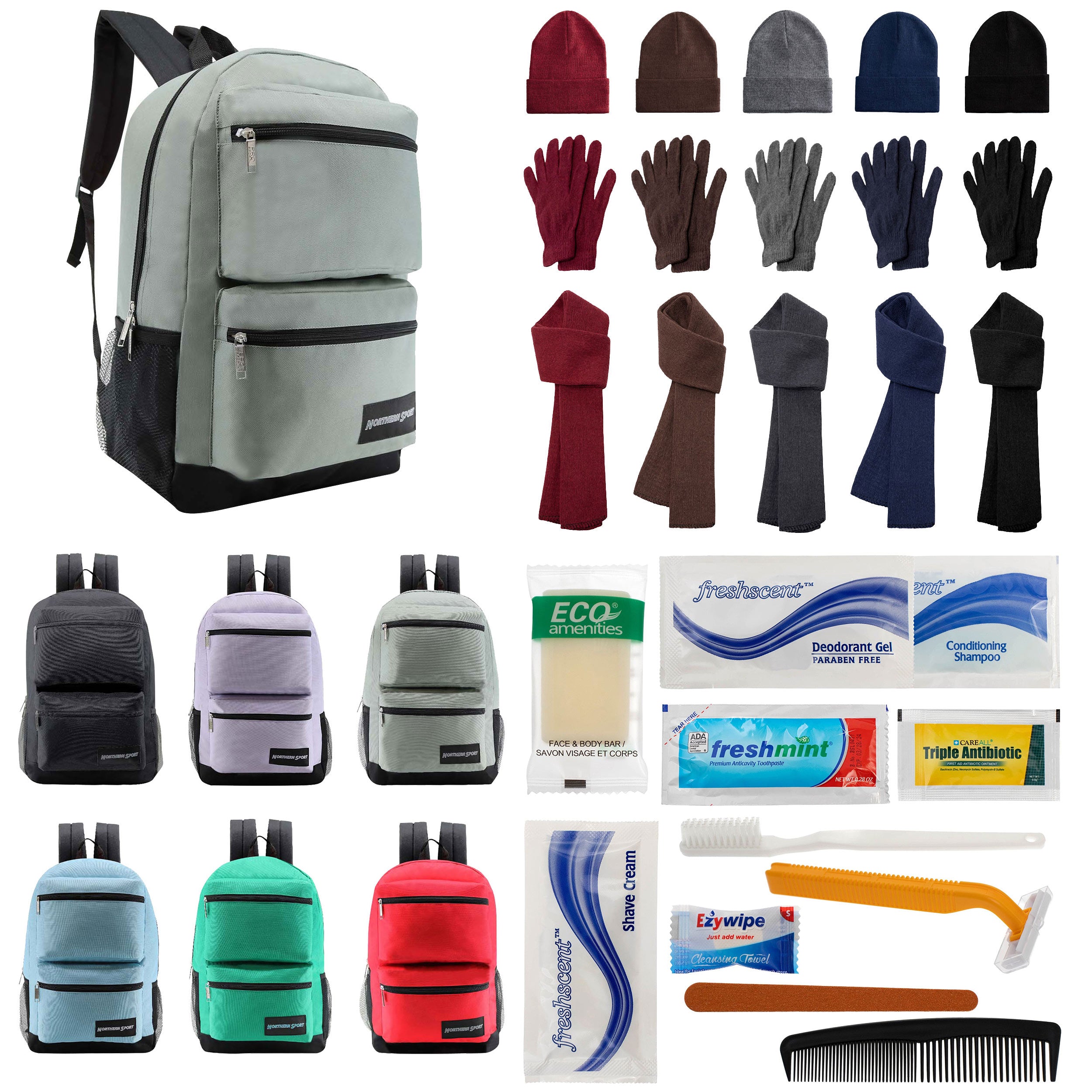 12 Premium 19" Backpacks in 4 Colors, 12 Winter Item Sets & Your Choice of 12 Bulk Hygiene Kits - Wholesale Homeless Care Package