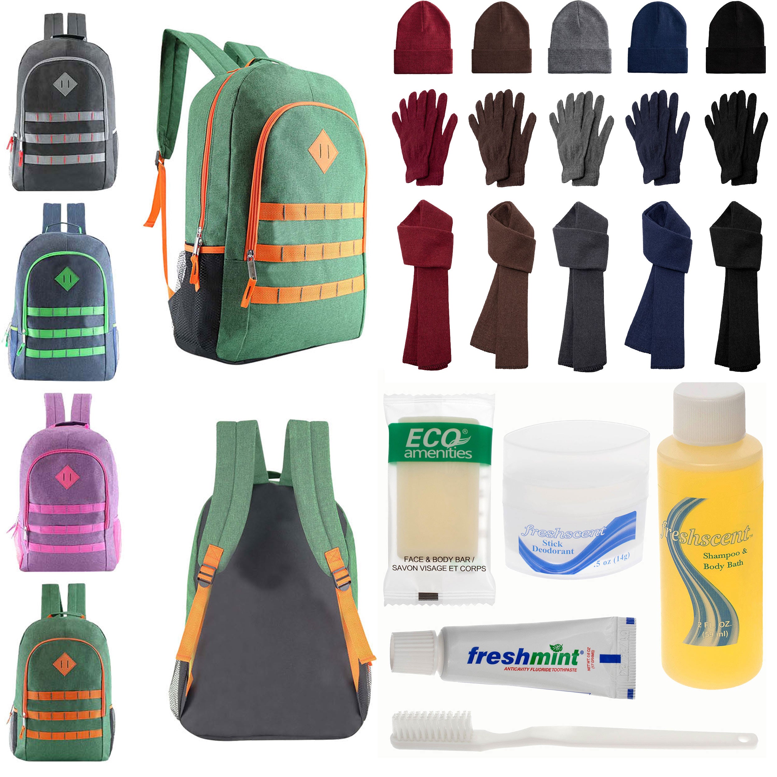 12 Deluxe 19" Backpacks in 4 Colors, 12 Winter Item Sets & Your Choice of 12 Bulk Hygiene Kits - Wholesale Homeless Care Package