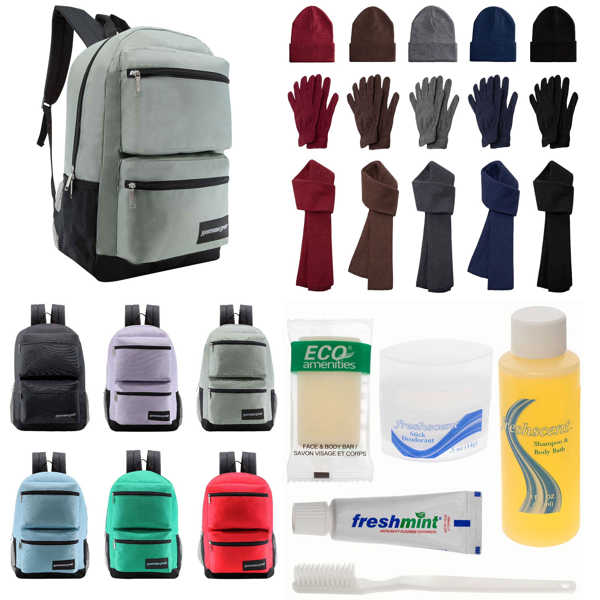 12 Premium 19" Backpacks in 4 Colors, 12 Winter Item Sets & Your Choice of 12 Bulk Hygiene Kits - Wholesale Homeless Care Package