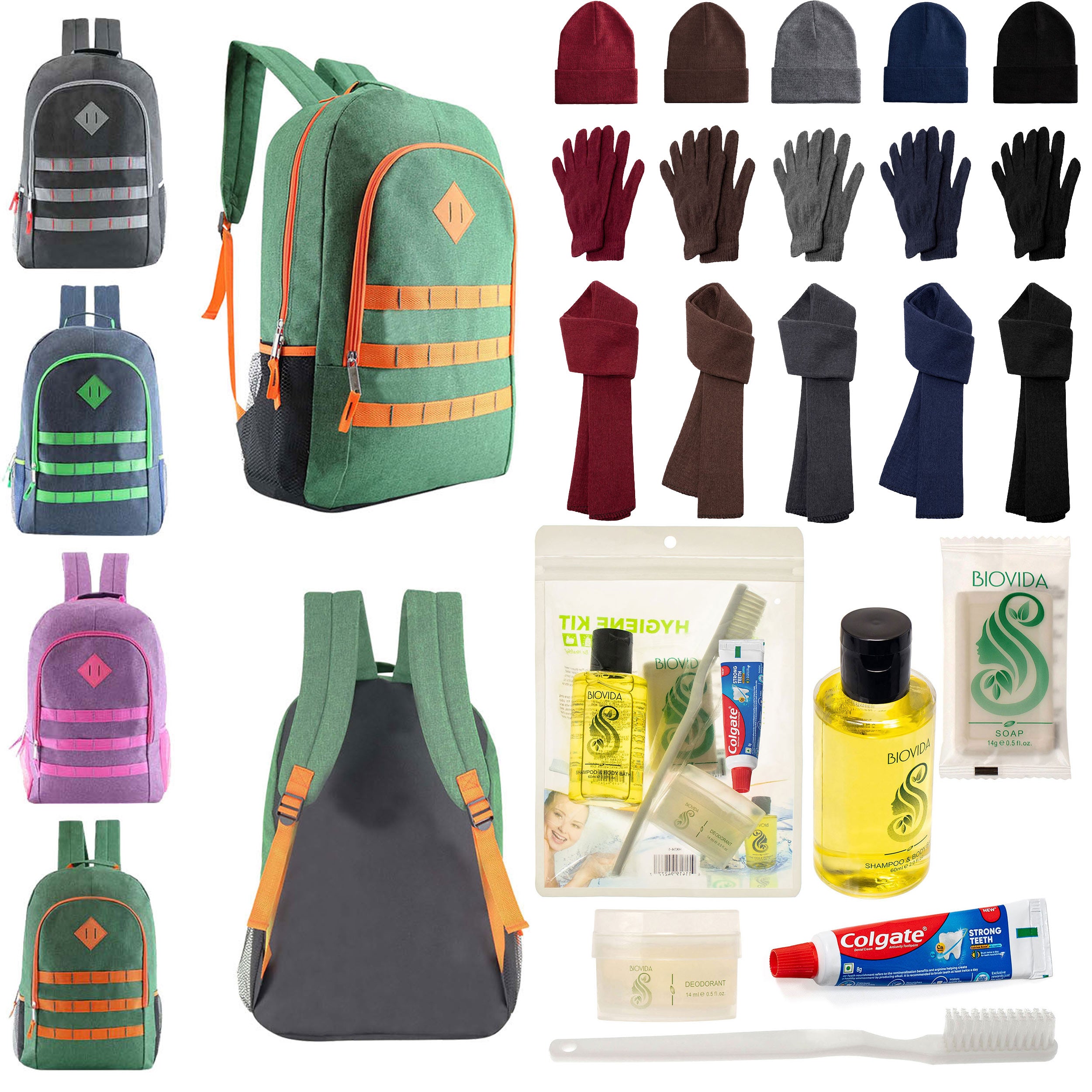 12 Deluxe 19" Backpacks in 4 Colors, 12 Winter Item Sets & Your Choice of 12 Bulk Hygiene Kits - Wholesale Homeless Care Package