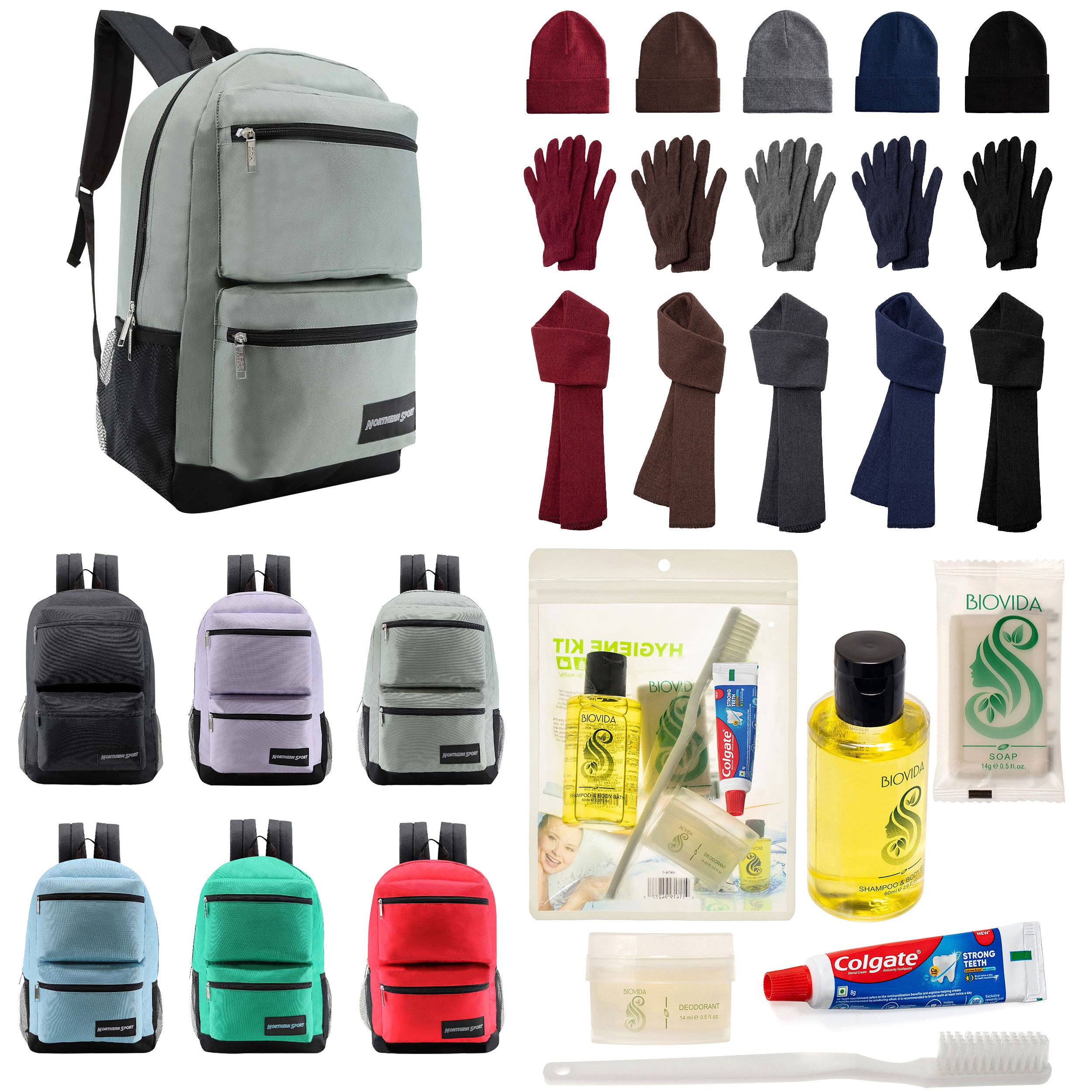 12 Premium 19" Backpacks in 4 Colors, 12 Winter Item Sets & Your Choice of 12 Bulk Hygiene Kits - Wholesale Homeless Care Package