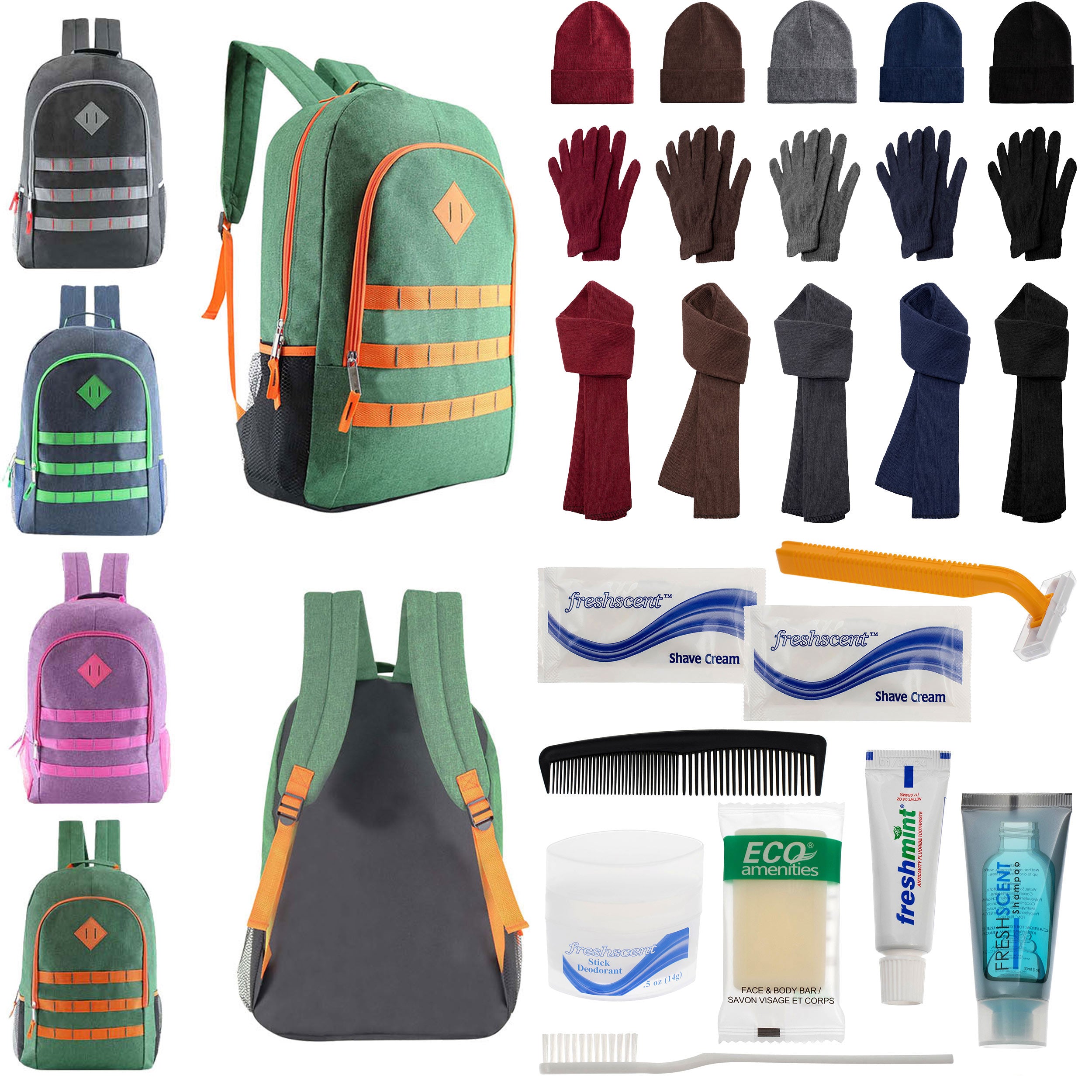 12 Deluxe 19" Backpacks in 4 Colors, 12 Winter Item Sets & Your Choice of 12 Bulk Hygiene Kits - Wholesale Homeless Care Package