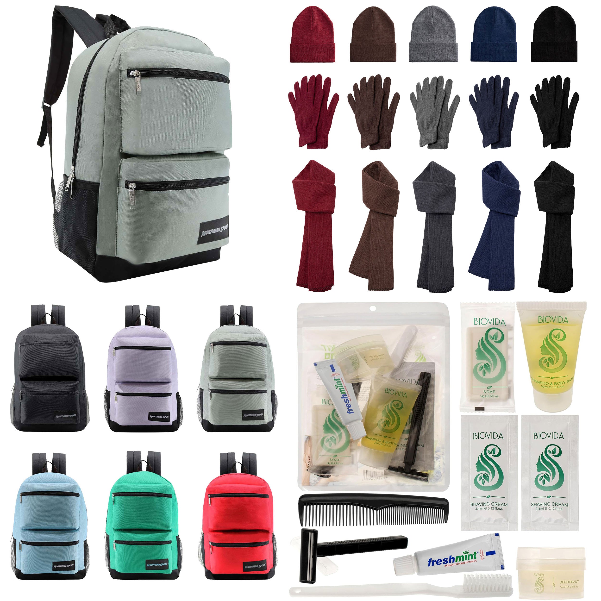 12 Premium 19" Backpacks in 4 Colors, 12 Winter Item Sets & Your Choice of 12 Bulk Hygiene Kits - Wholesale Homeless Care Package
