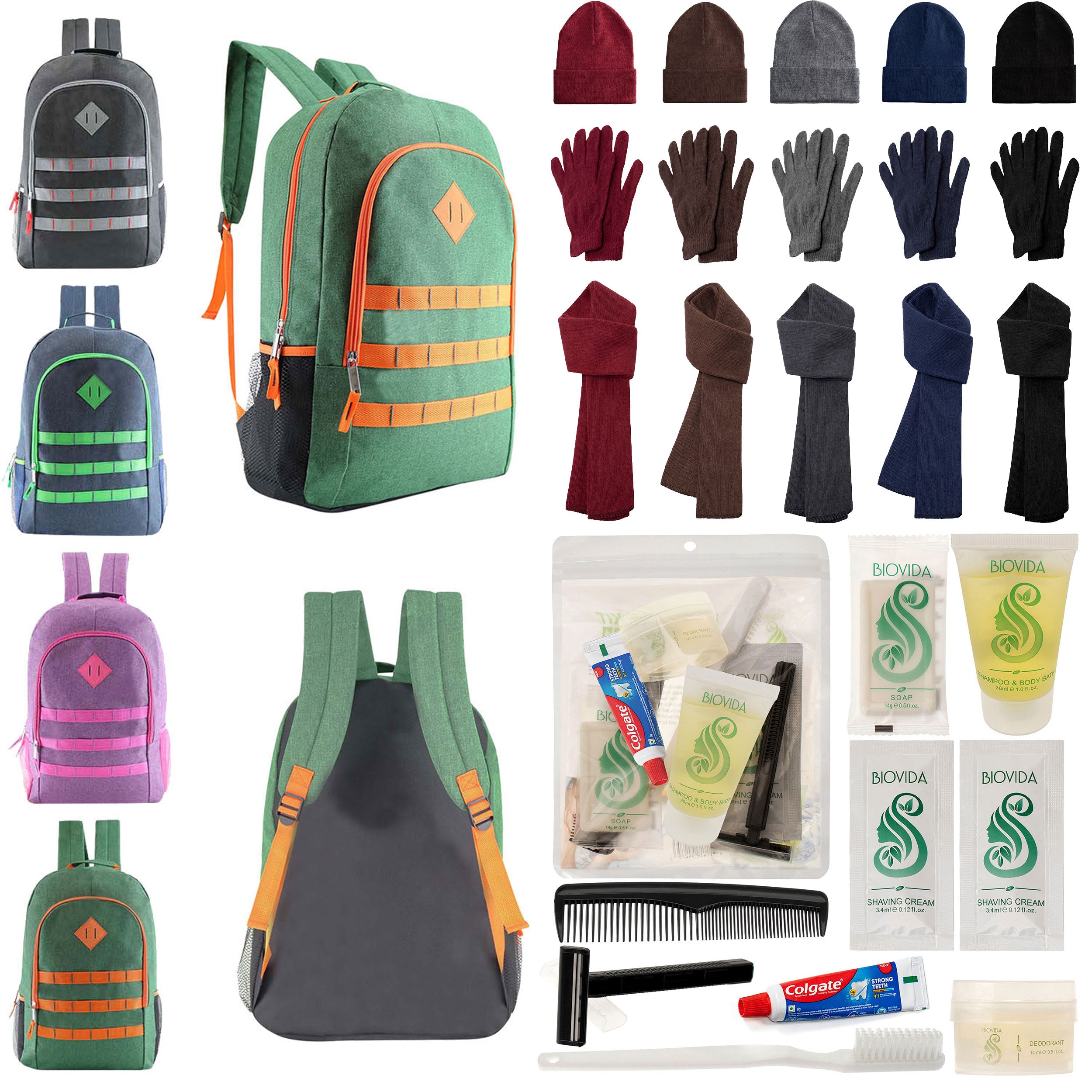 12 Deluxe 19" Backpacks in 4 Colors, 12 Winter Item Sets & Your Choice of 12 Bulk Hygiene Kits - Wholesale Homeless Care Package