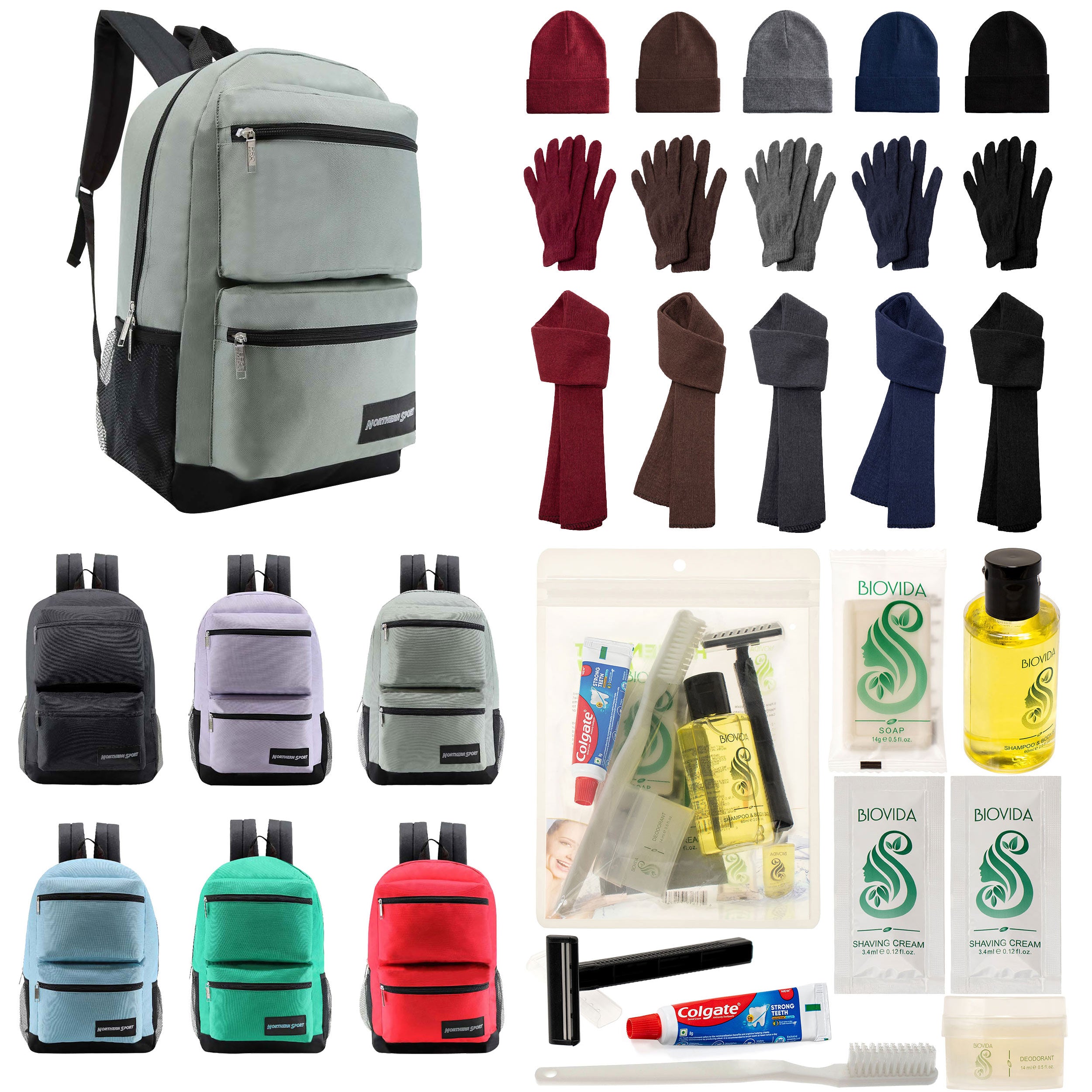 12 Premium 19" Backpacks in 4 Colors, 12 Winter Item Sets & Your Choice of 12 Bulk Hygiene Kits - Wholesale Homeless Care Package