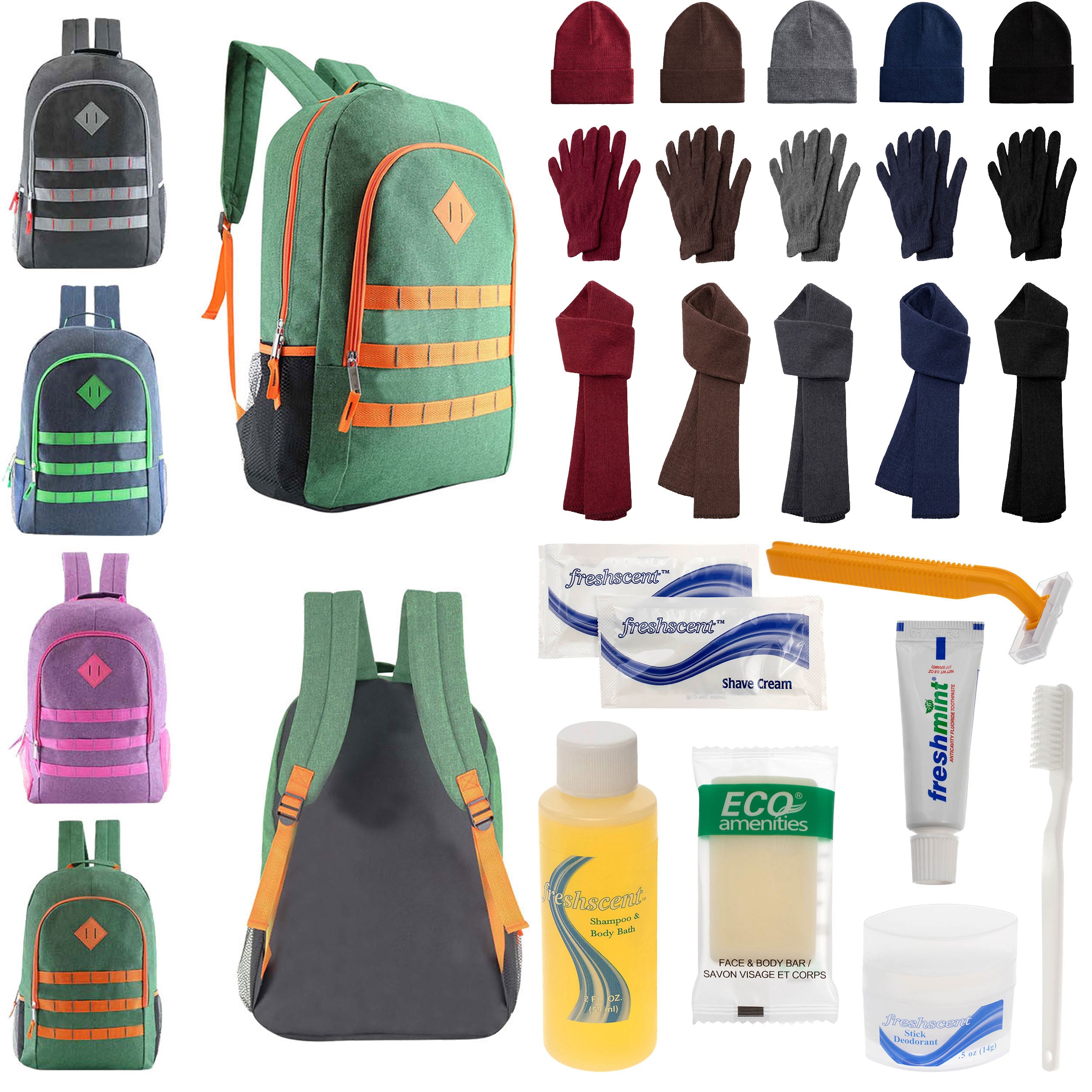 12 Deluxe 19" Backpacks in 4 Colors, 12 Winter Item Sets & Your Choice of 12 Bulk Hygiene Kits - Wholesale Homeless Care Package