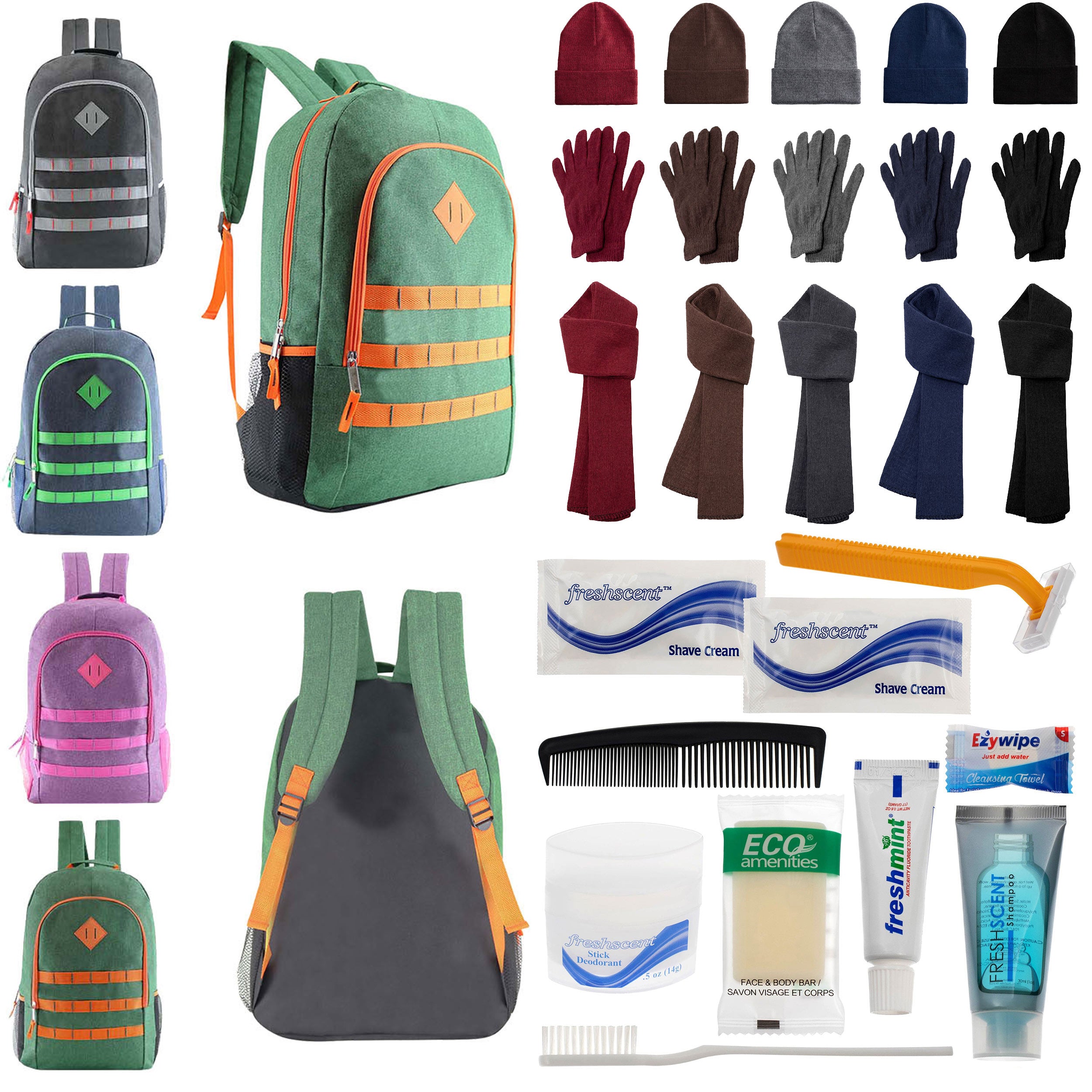 12 Deluxe 19" Backpacks in 4 Colors, 12 Winter Item Sets & Your Choice of 12 Bulk Hygiene Kits - Wholesale Homeless Care Package