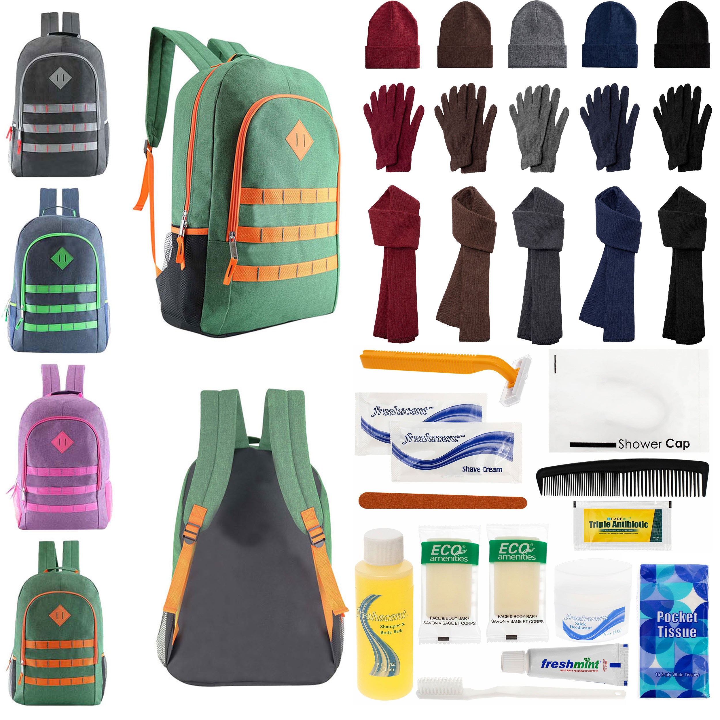 12 Deluxe 19" Backpacks in 4 Colors, 12 Winter Item Sets & Your Choice of 12 Bulk Hygiene Kits - Wholesale Homeless Care Package