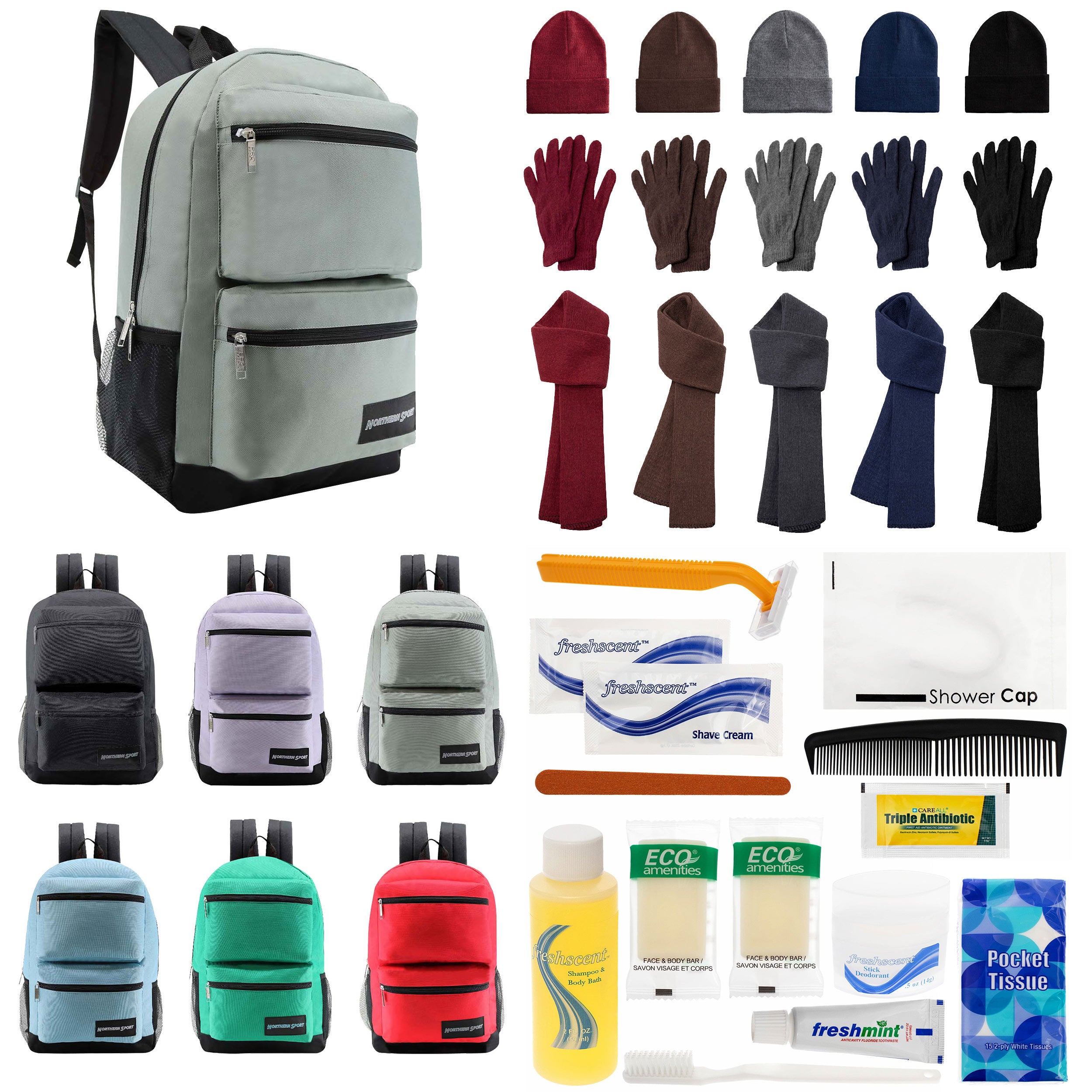 12 Premium 19" Backpacks in 4 Colors, 12 Winter Item Sets & Your Choice of 12 Bulk Hygiene Kits - Wholesale Homeless Care Package