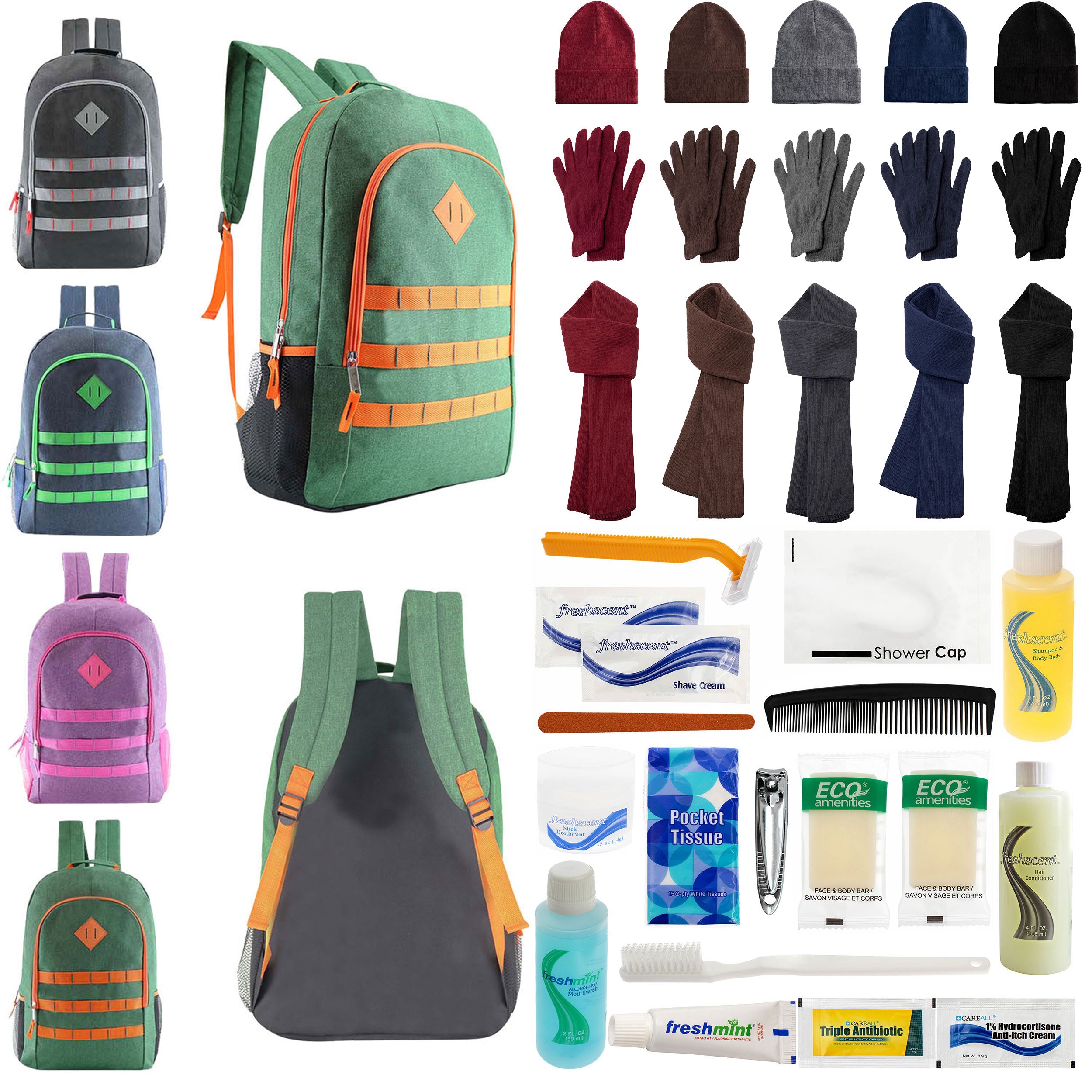 12 Deluxe 19" Backpacks in 4 Colors, 12 Winter Item Sets & Your Choice of 12 Bulk Hygiene Kits - Wholesale Homeless Care Package