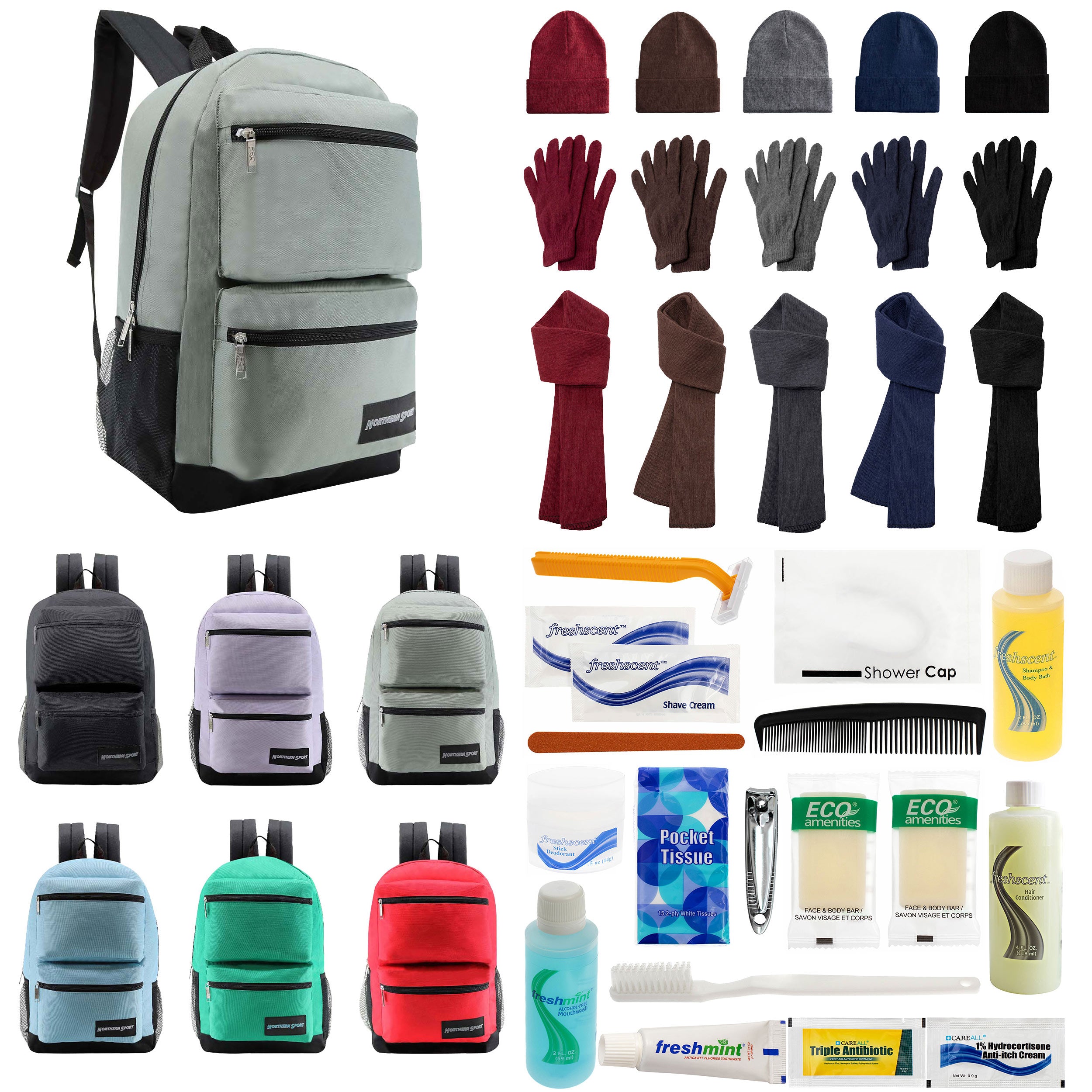 12 Premium 19" Backpacks in 4 Colors, 12 Winter Item Sets & Your Choice of 12 Bulk Hygiene Kits - Wholesale Homeless Care Package