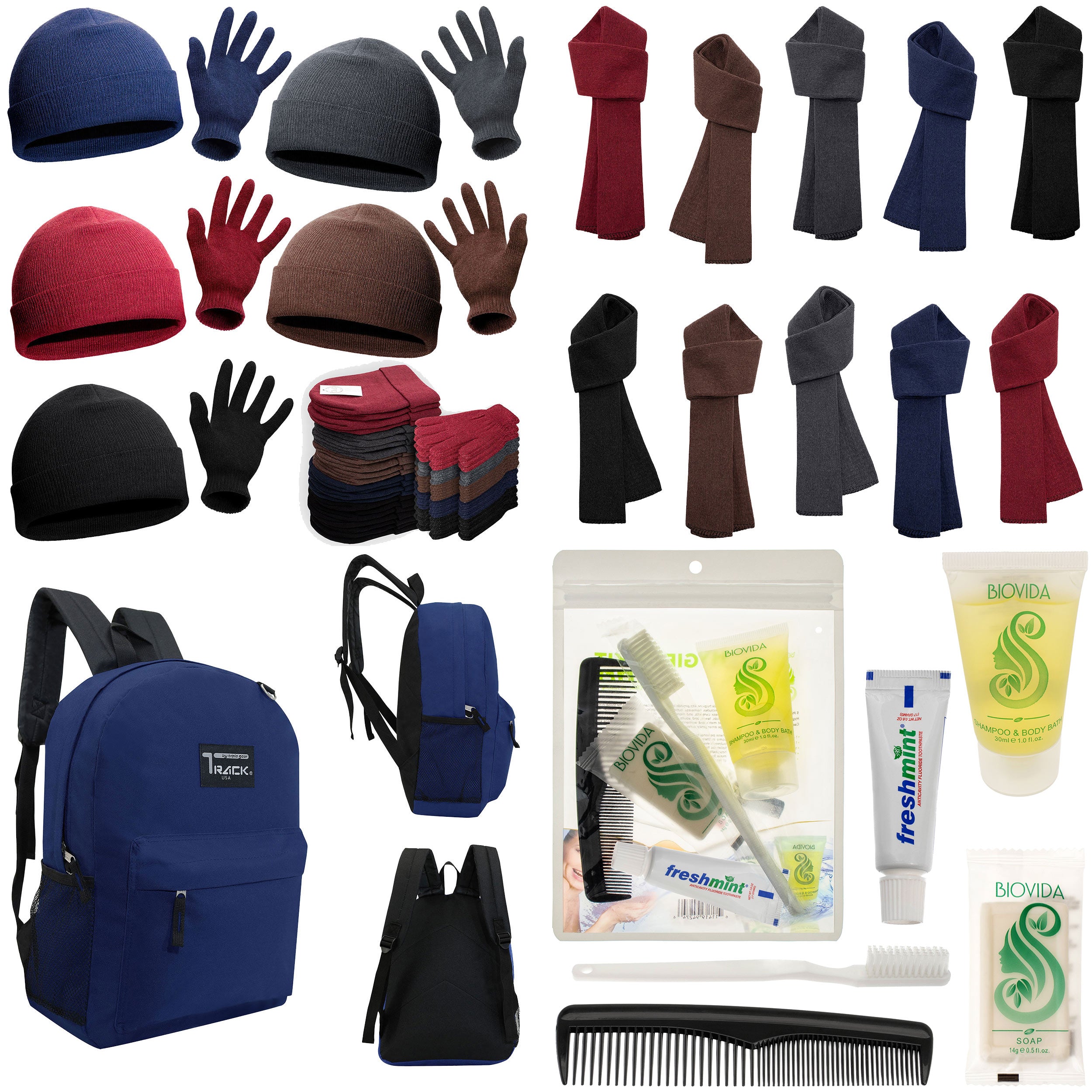 12 Navy Blue 17" Backpacks with 12 Winter Item Sets & Your Choice of 12 Bulk Hygiene Kits - Wholesale Homeless Care Package