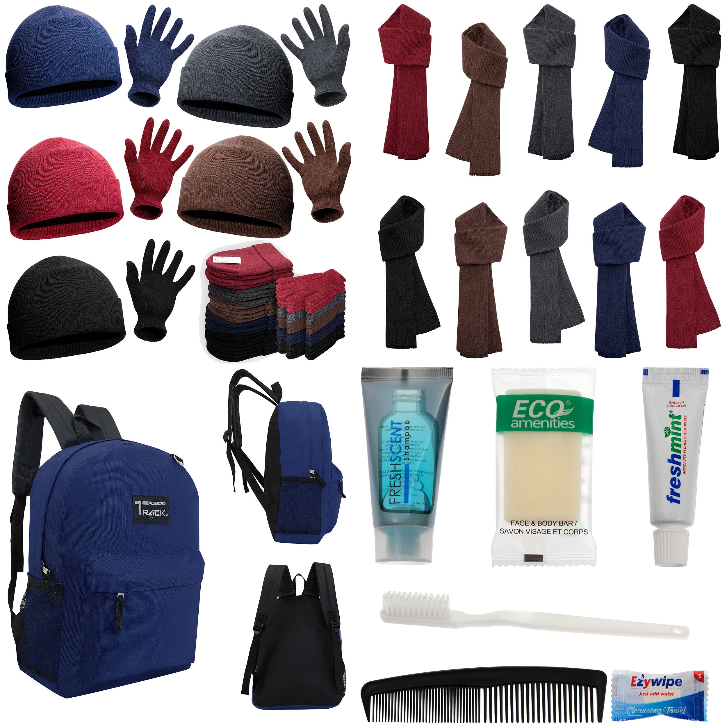 12 Navy Blue 17" Backpacks with 12 Winter Item Sets & Your Choice of 12 Bulk Hygiene Kits - Wholesale Homeless Care Package