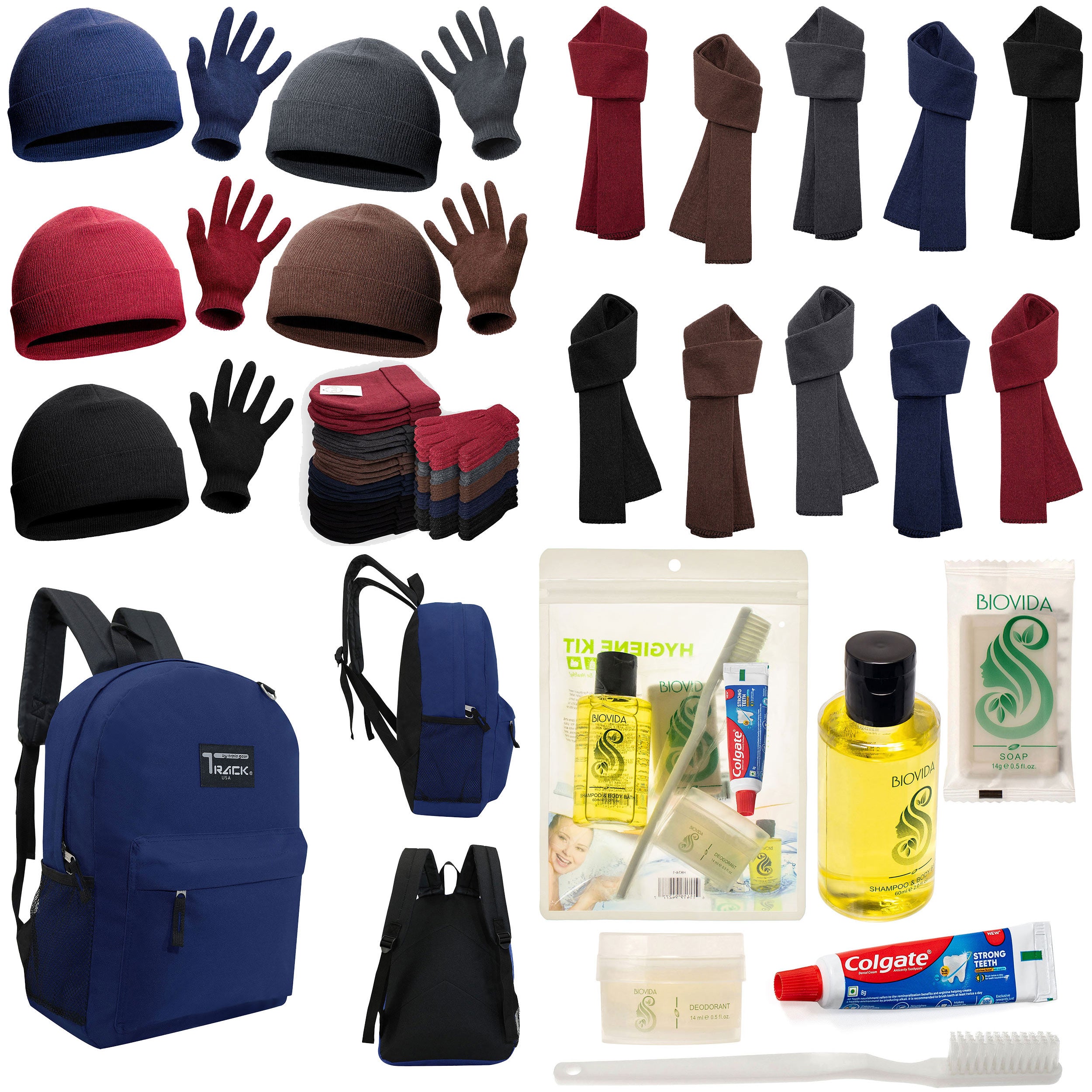 12 Navy Blue 17" Backpacks with 12 Winter Item Sets & Your Choice of 12 Bulk Hygiene Kits - Wholesale Homeless Care Package