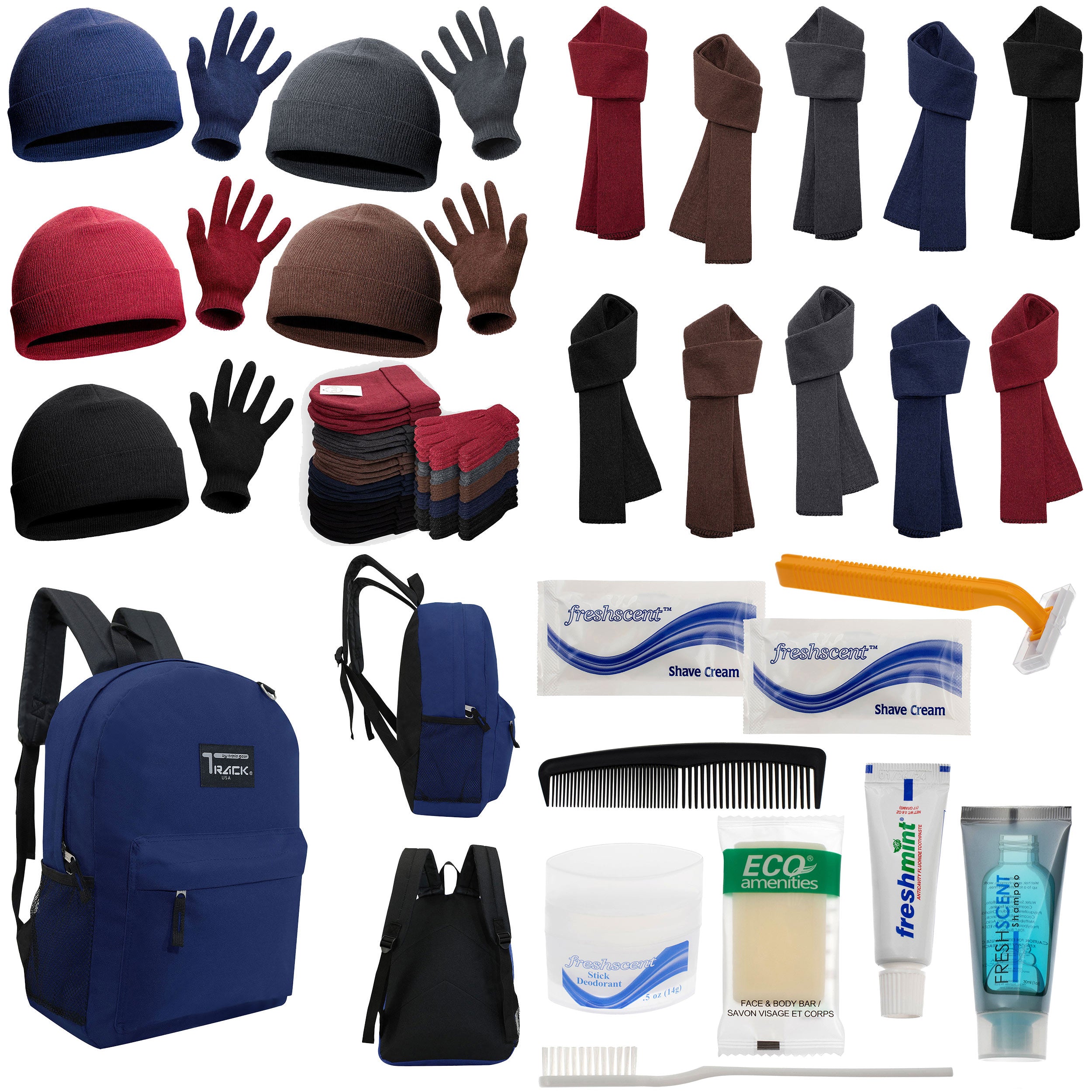 12 Navy Blue 17" Backpacks with 12 Winter Item Sets & Your Choice of 12 Bulk Hygiene Kits - Wholesale Homeless Care Package