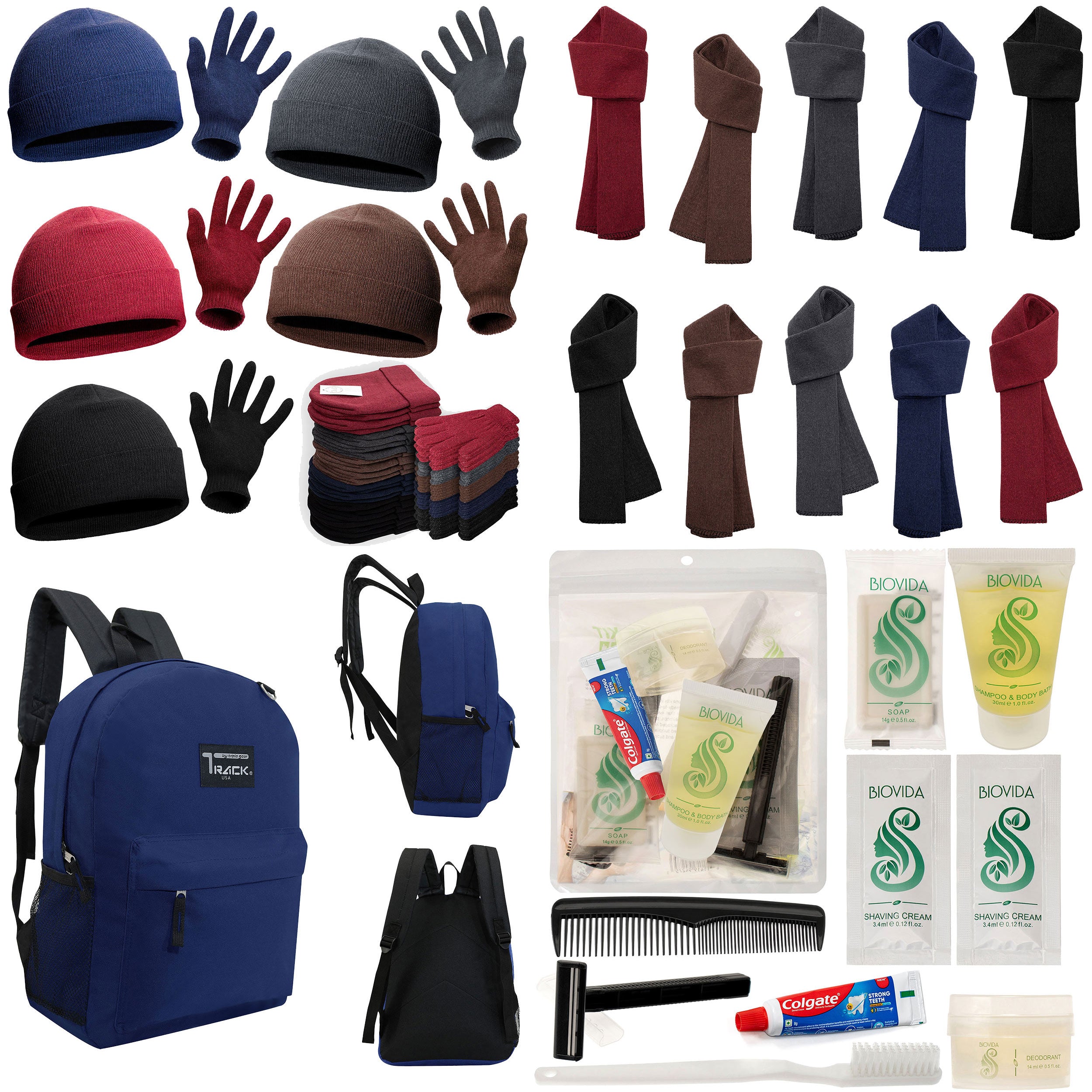 12 Navy Blue 17" Backpacks with 12 Winter Item Sets & Your Choice of 12 Bulk Hygiene Kits - Wholesale Homeless Care Package