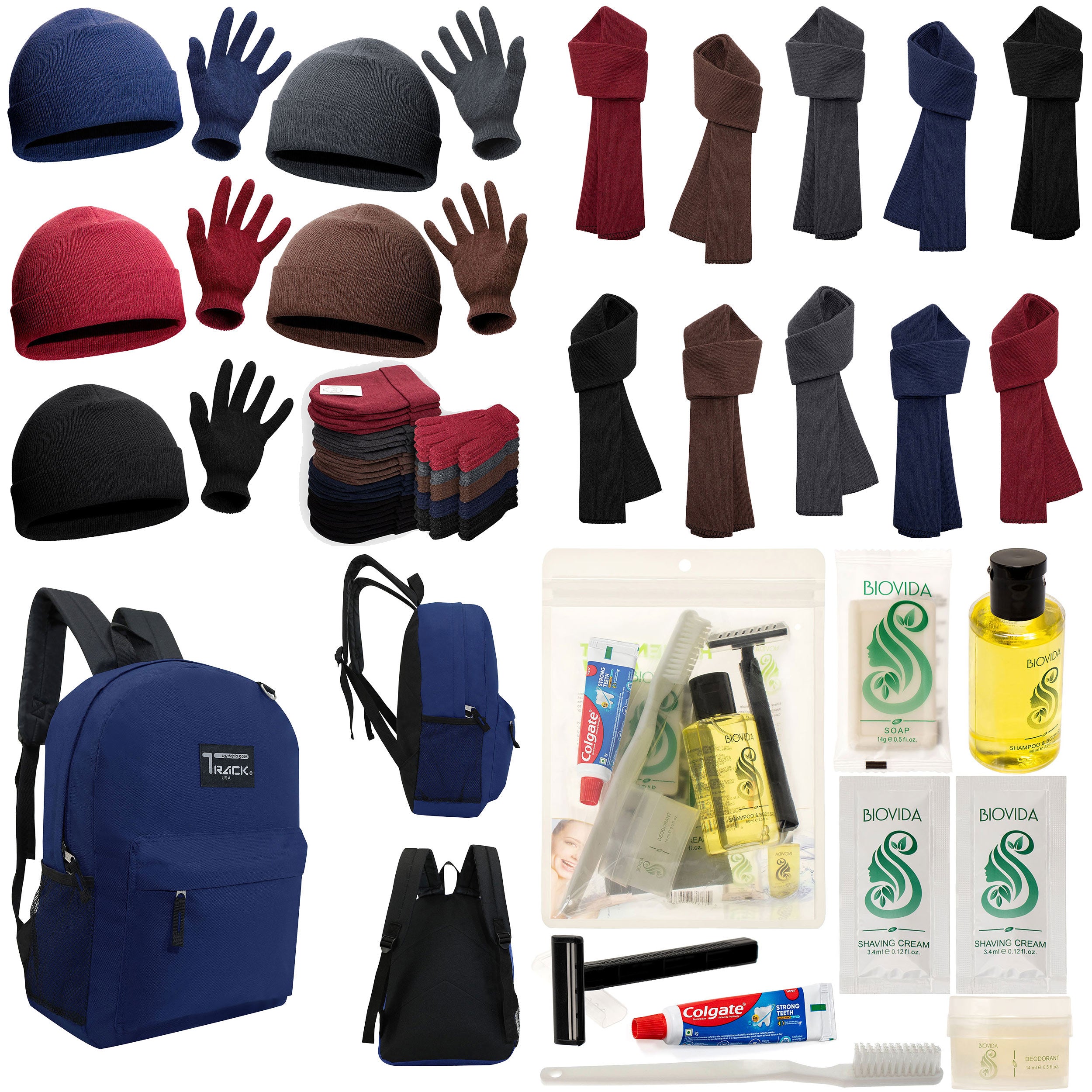 12 Navy Blue 17" Backpacks with 12 Winter Item Sets & Your Choice of 12 Bulk Hygiene Kits - Wholesale Homeless Care Package