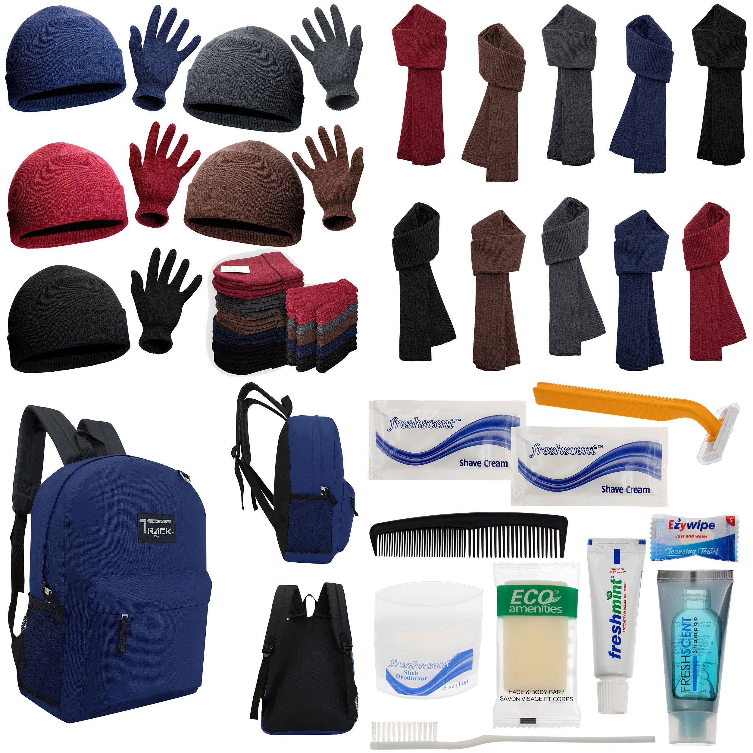 12 Navy Blue 17" Backpacks with 12 Winter Item Sets & Your Choice of 12 Bulk Hygiene Kits - Wholesale Homeless Care Package