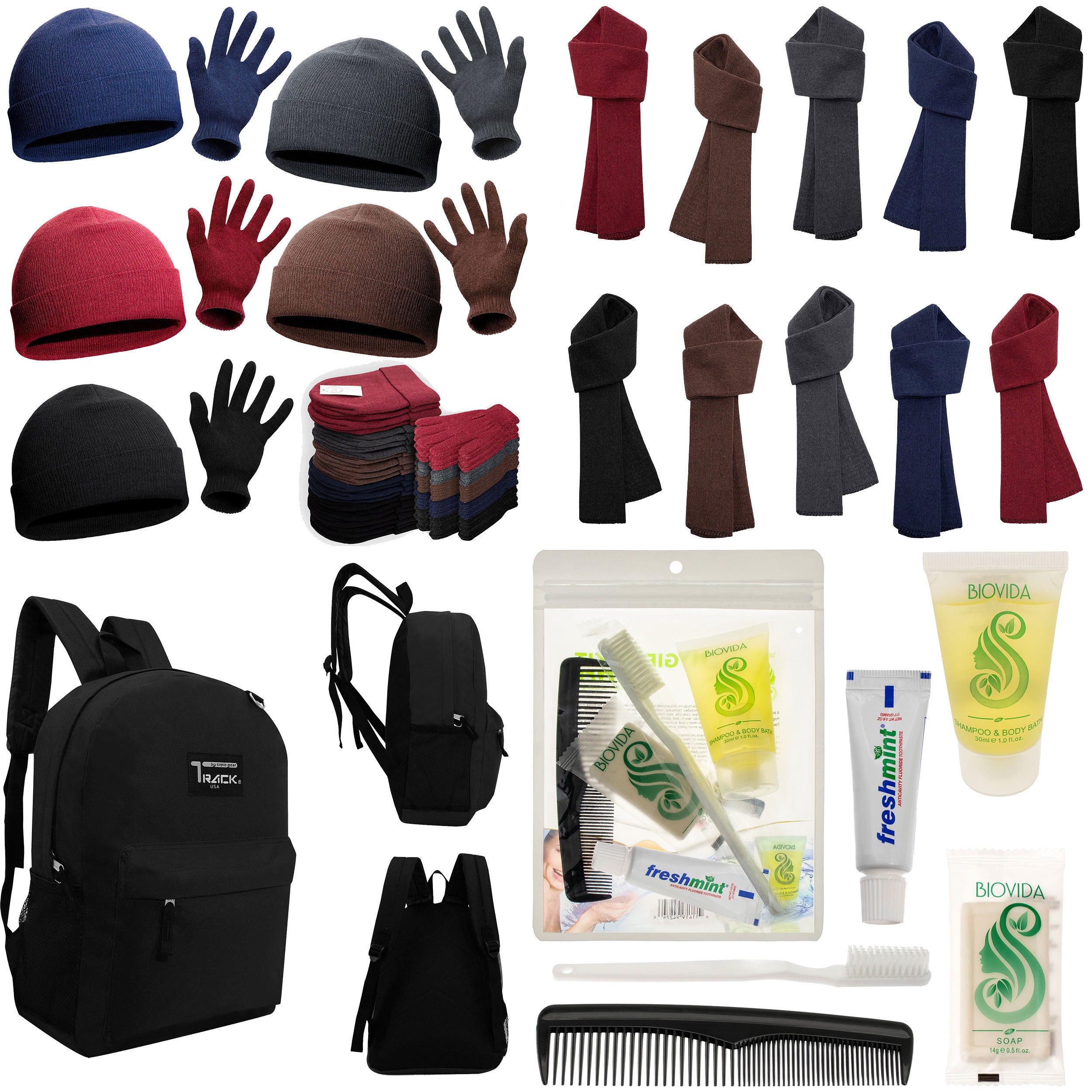 12 Black 17" Backpacks with 12 Winter Item Sets & Your Choice of 12 Bulk Hygiene Kits - Wholesale Homeless Care Package