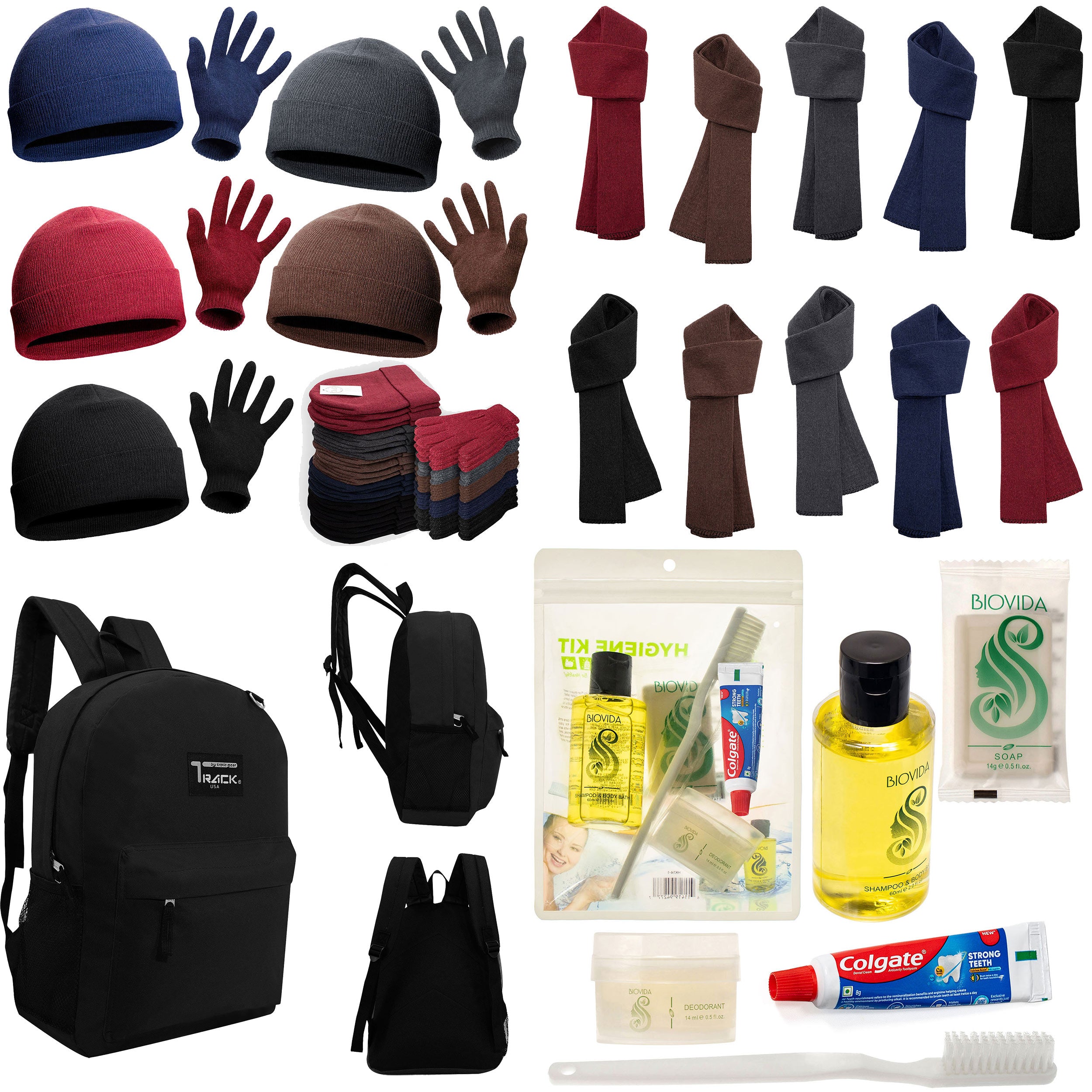 12 Black 17" Backpacks with 12 Winter Item Sets & Your Choice of 12 Bulk Hygiene Kits - Wholesale Homeless Care Package