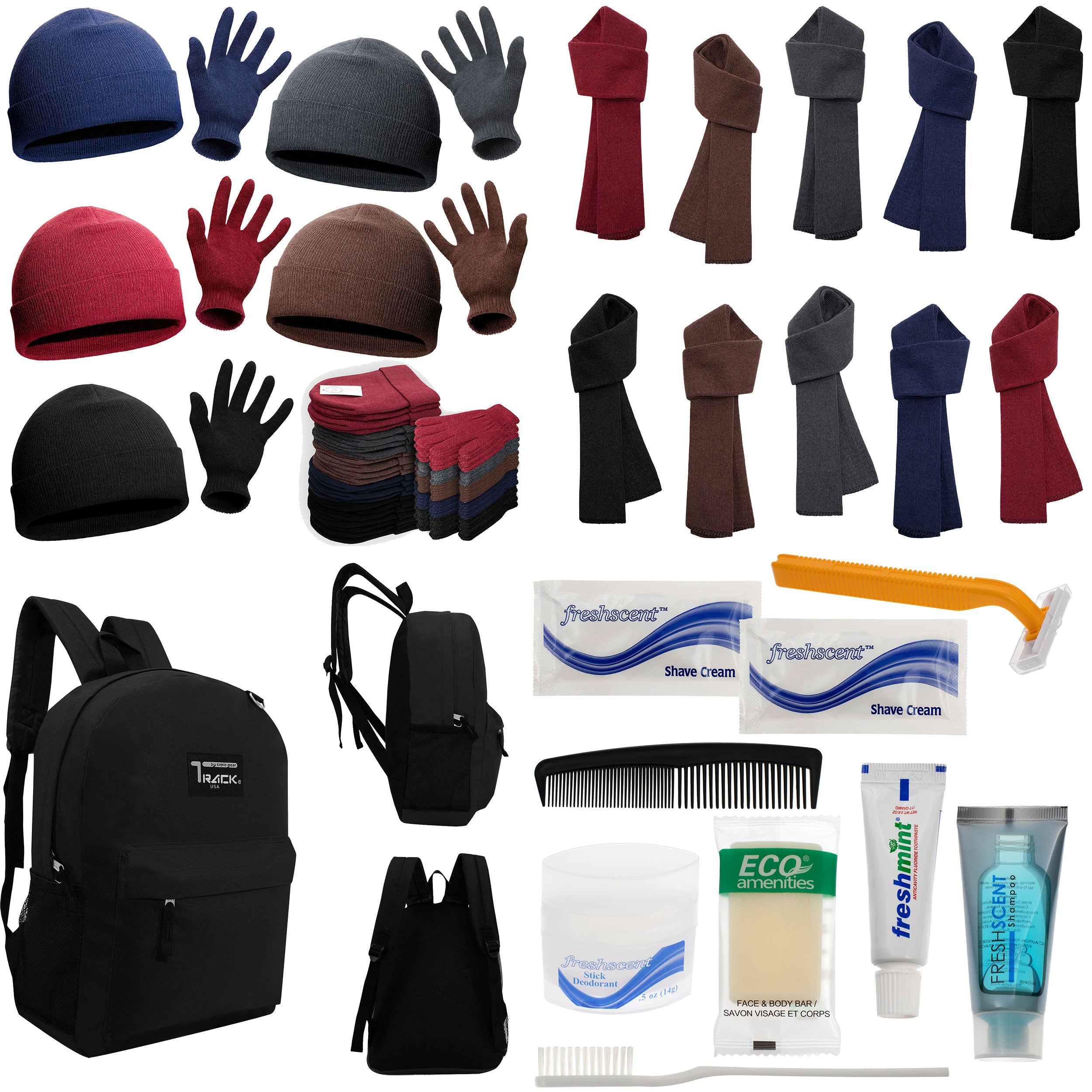 12 Black 17" Backpacks with 12 Winter Item Sets & Your Choice of 12 Bulk Hygiene Kits - Wholesale Homeless Care Package