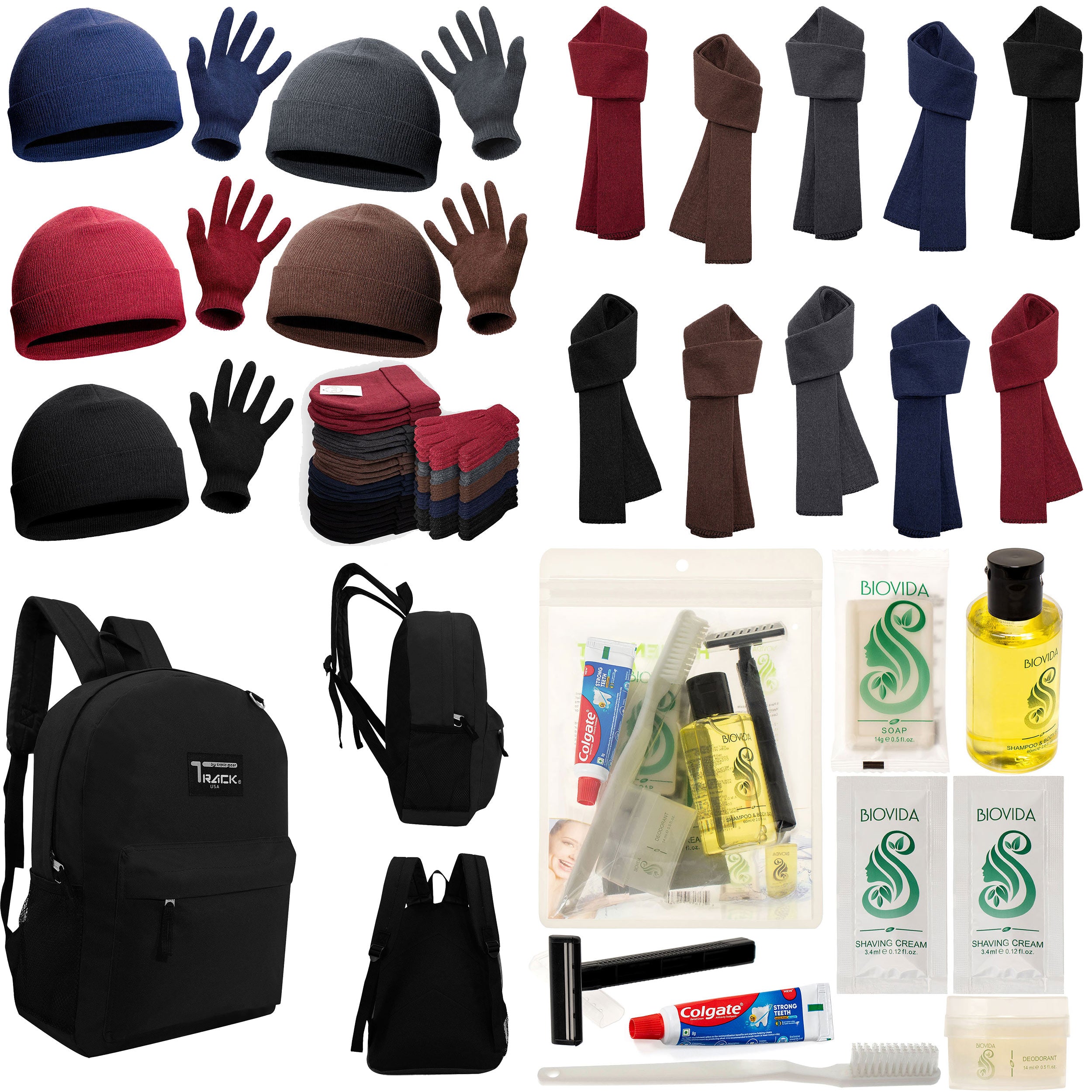 12 Black 17" Backpacks with 12 Winter Item Sets & Your Choice of 12 Bulk Hygiene Kits - Wholesale Homeless Care Package