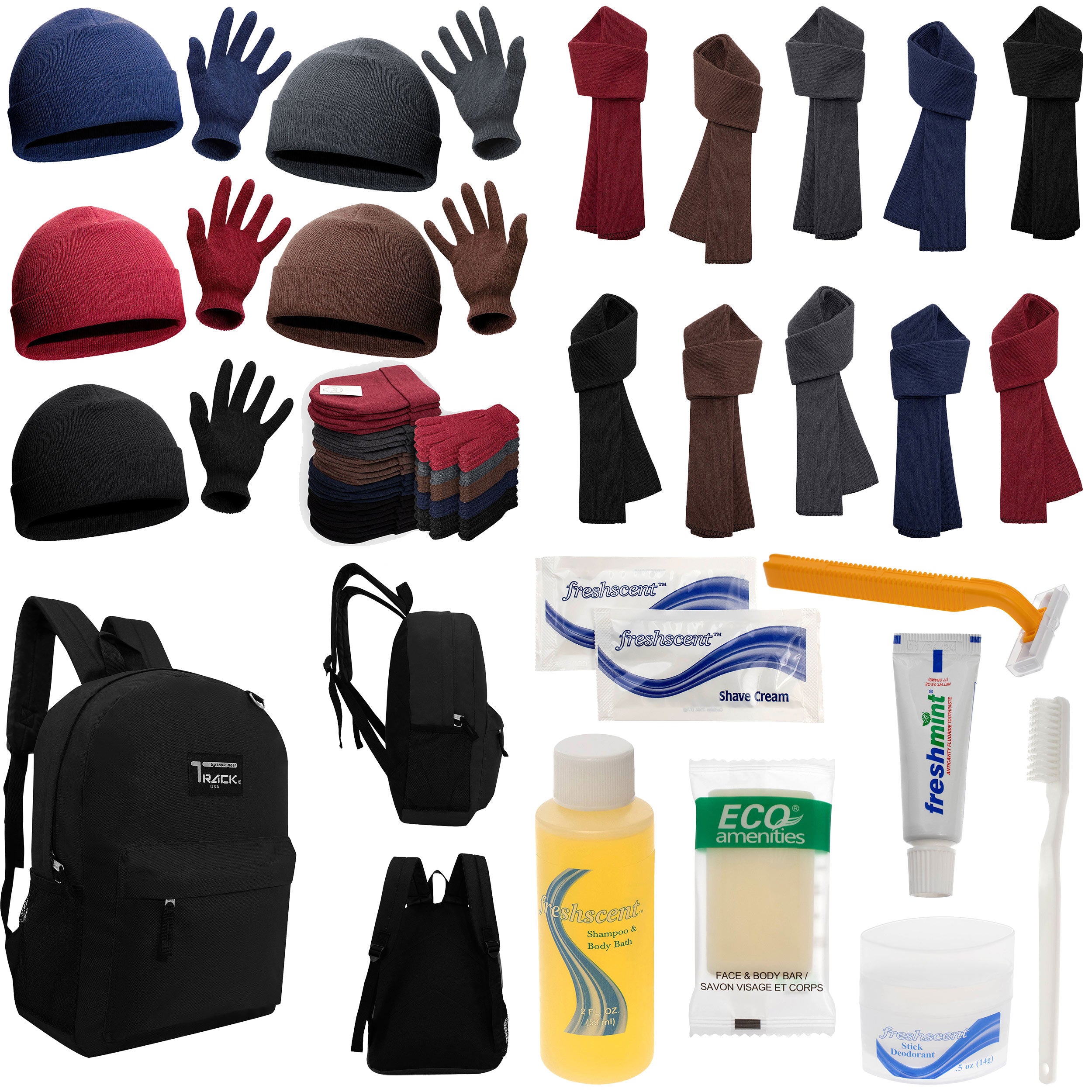 12 Black 17" Backpacks with 12 Winter Item Sets & Your Choice of 12 Bulk Hygiene Kits - Wholesale Homeless Care Package