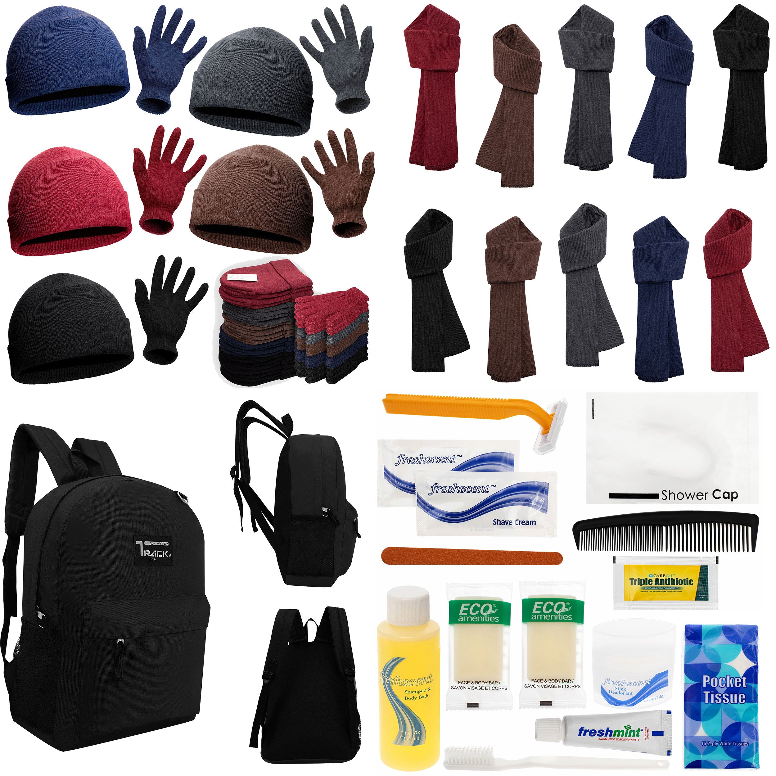 12 Black 17" Backpacks with 12 Winter Item Sets & Your Choice of 12 Bulk Hygiene Kits - Wholesale Homeless Care Package