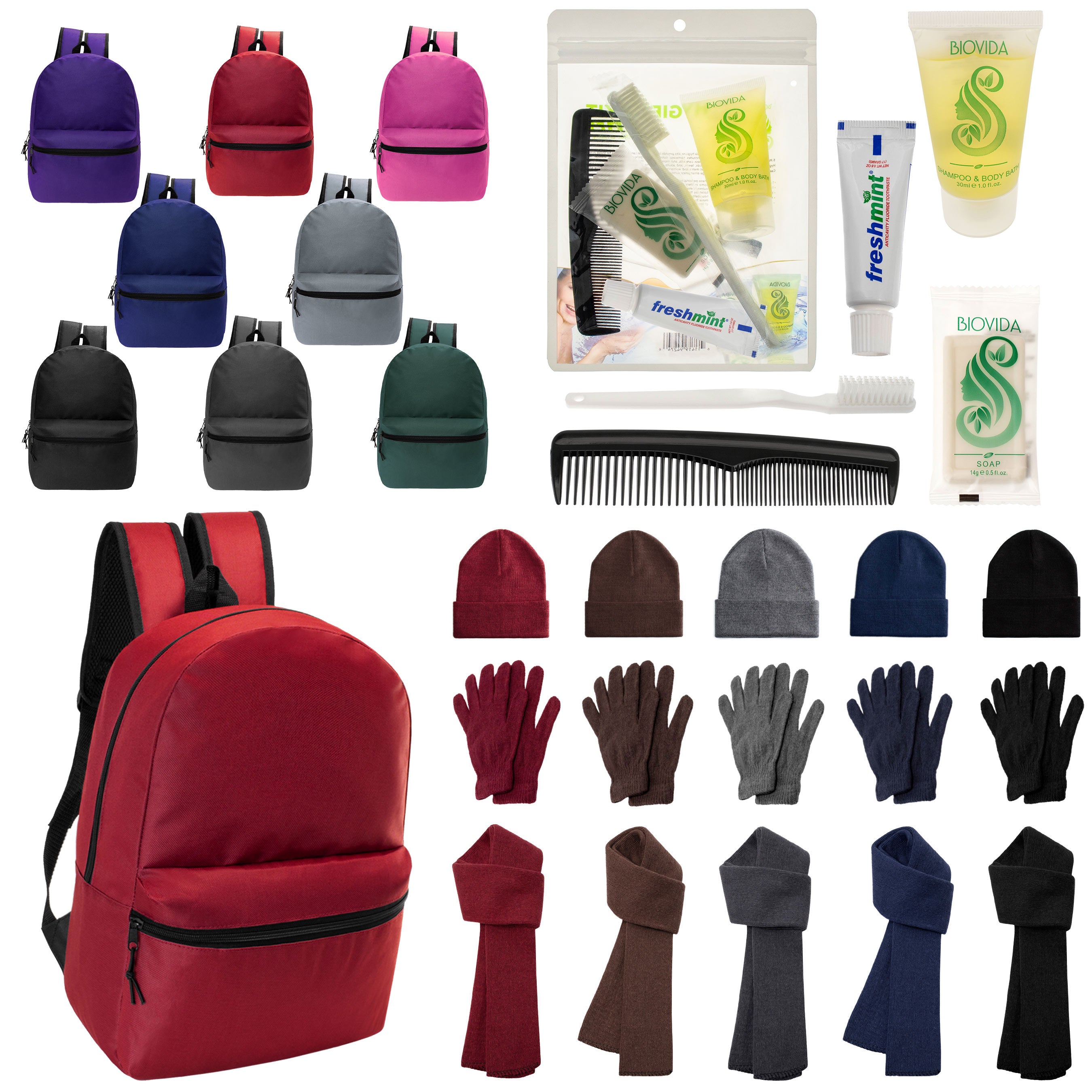 12 Basic 17" Backpacks in 8 Colors, 12 Winter Item Sets & Your Choice of 12 Bulk Hygiene Kits - Wholesale Homeless Care Package