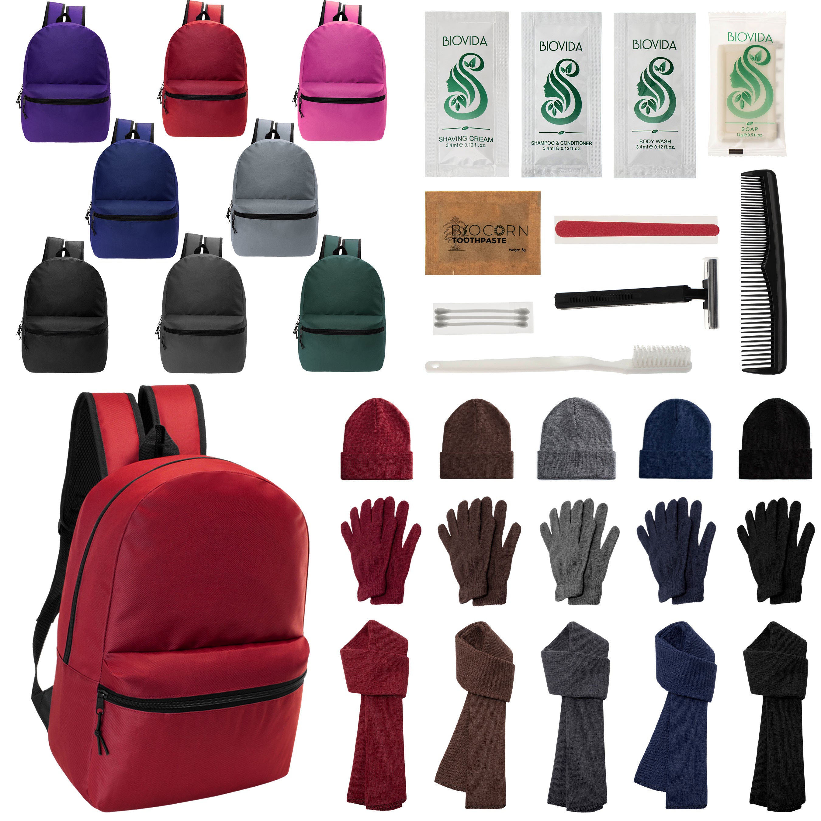 12 Basic 17" Backpacks in 8 Colors, 12 Winter Item Sets & Your Choice of 12 Bulk Hygiene Kits - Wholesale Homeless Care Package