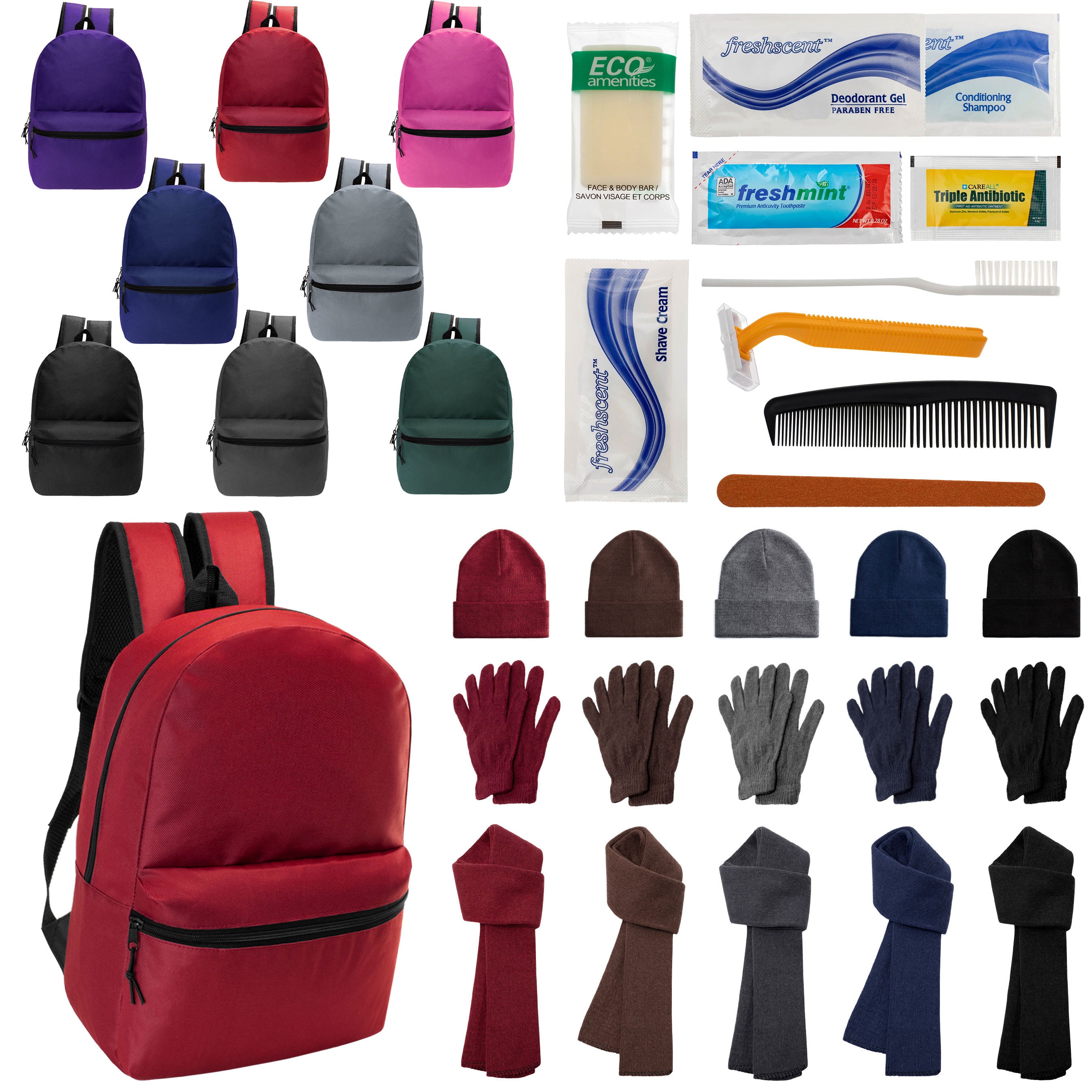 12 Basic 17" Backpacks in 8 Colors, 12 Winter Item Sets & Your Choice of 12 Bulk Hygiene Kits - Wholesale Homeless Care Package