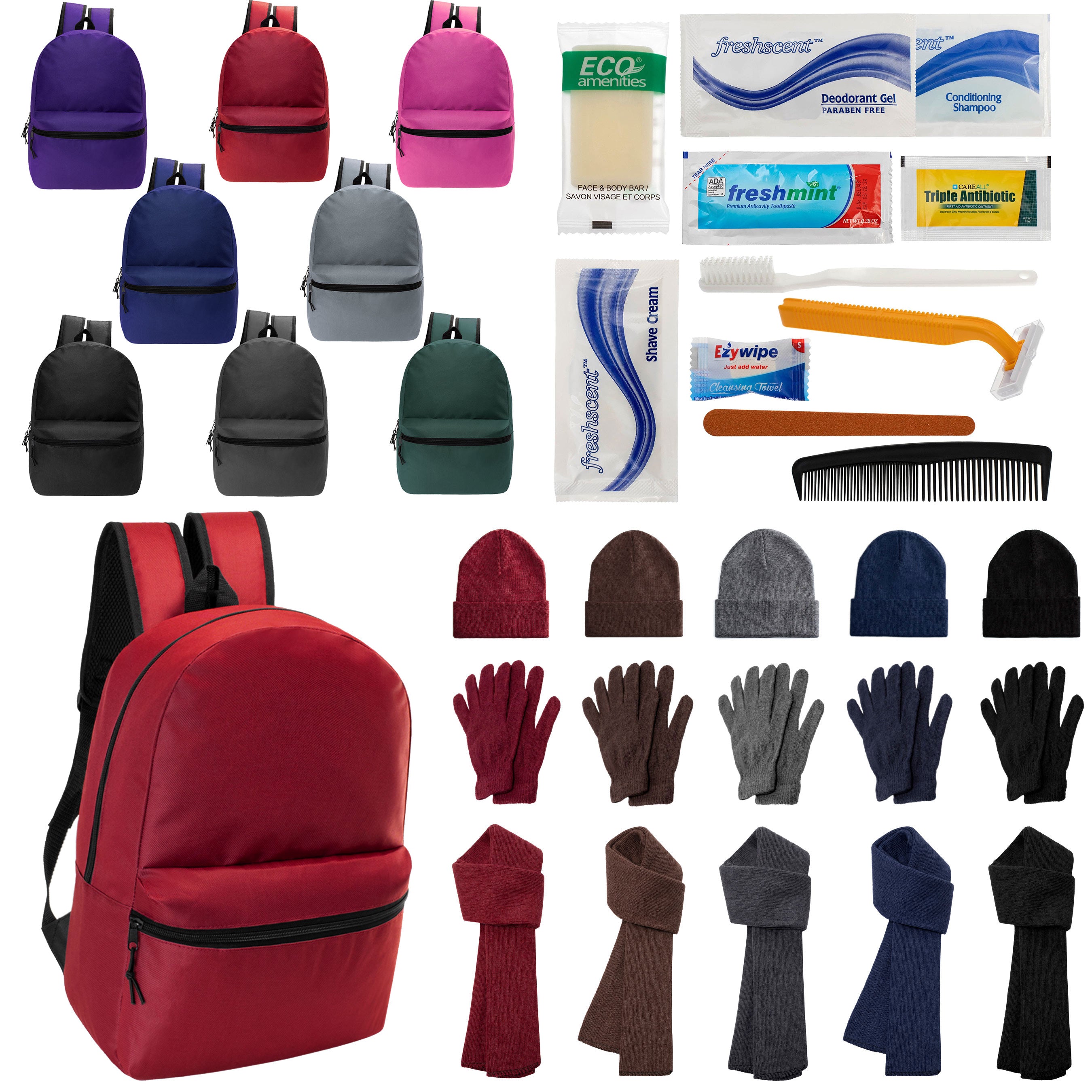 12 Basic 17" Backpacks in 8 Colors, 12 Winter Item Sets & Your Choice of 12 Bulk Hygiene Kits - Wholesale Homeless Care Package