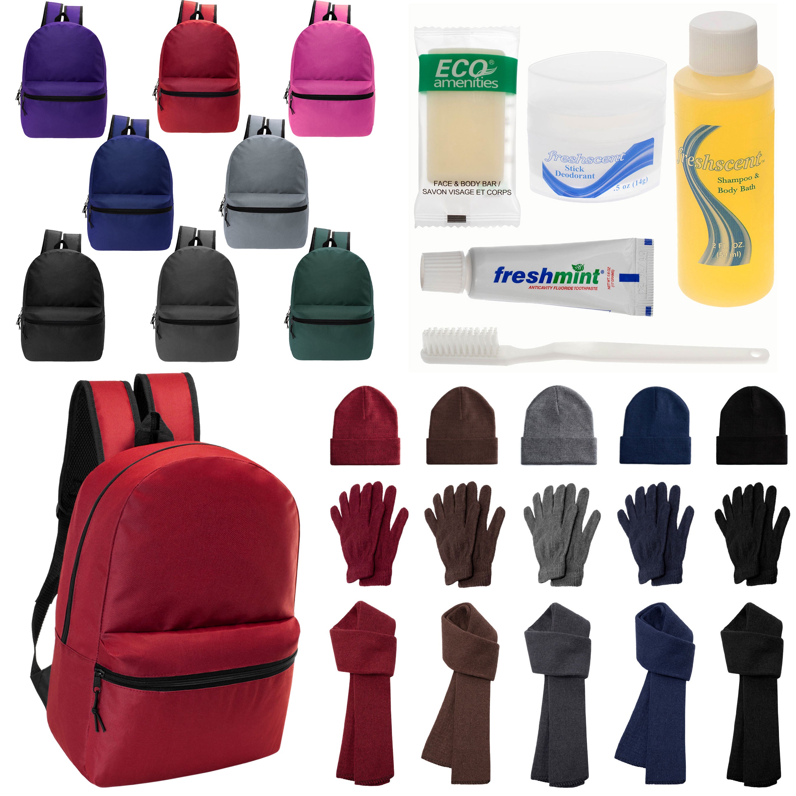 12 Basic 17" Backpacks in 8 Colors, 12 Winter Item Sets & Your Choice of 12 Bulk Hygiene Kits - Wholesale Homeless Care Package