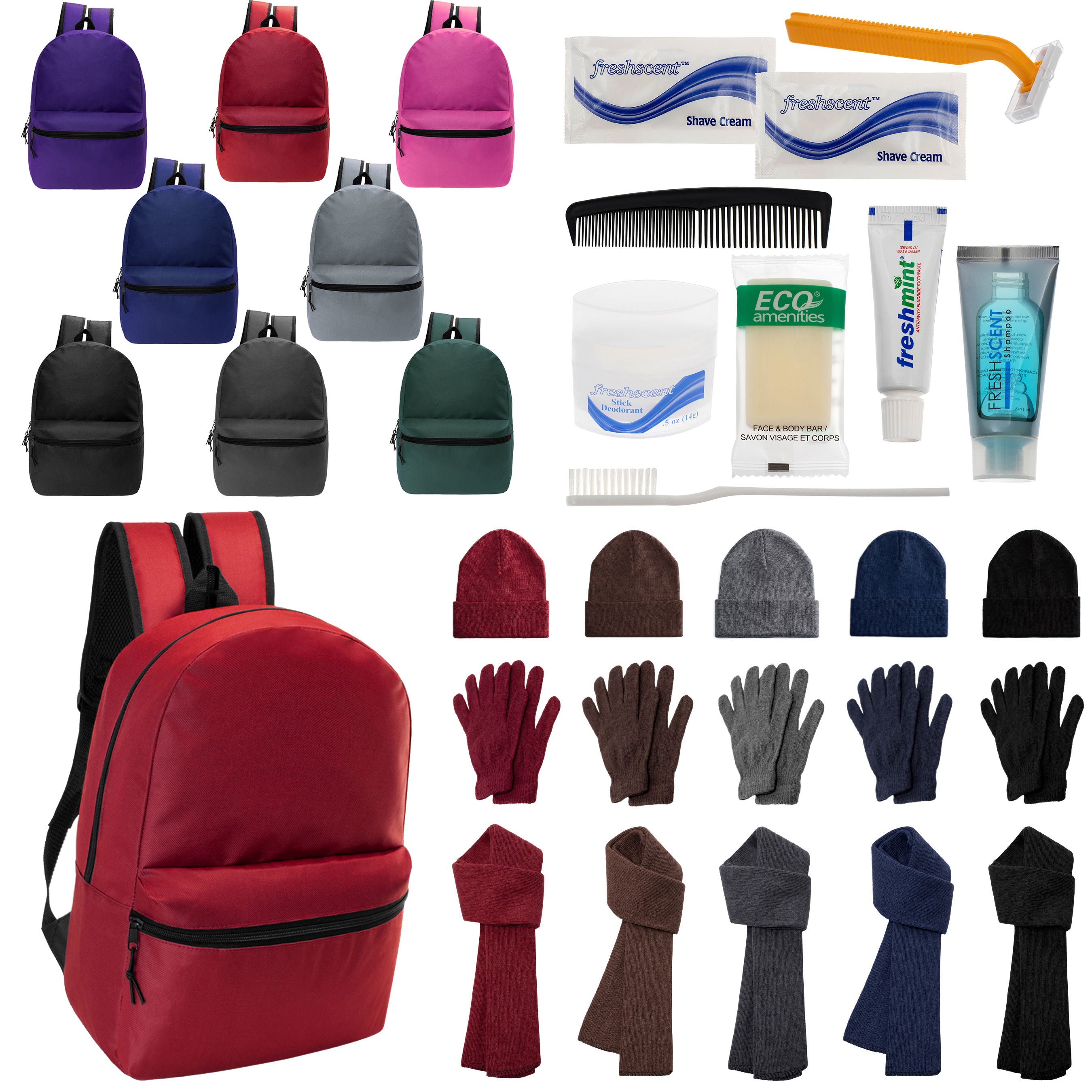 12 Basic 17" Backpacks in 8 Colors, 12 Winter Item Sets & Your Choice of 12 Bulk Hygiene Kits - Wholesale Homeless Care Package