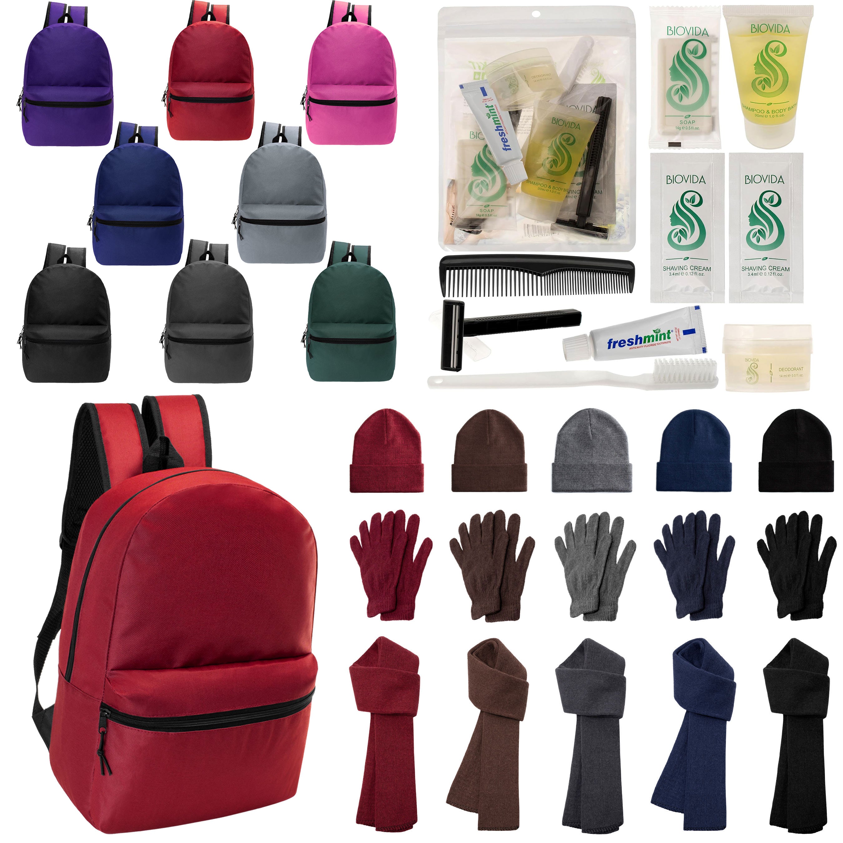12 Basic 17" Backpacks in 8 Colors, 12 Winter Item Sets & Your Choice of 12 Bulk Hygiene Kits - Wholesale Homeless Care Package