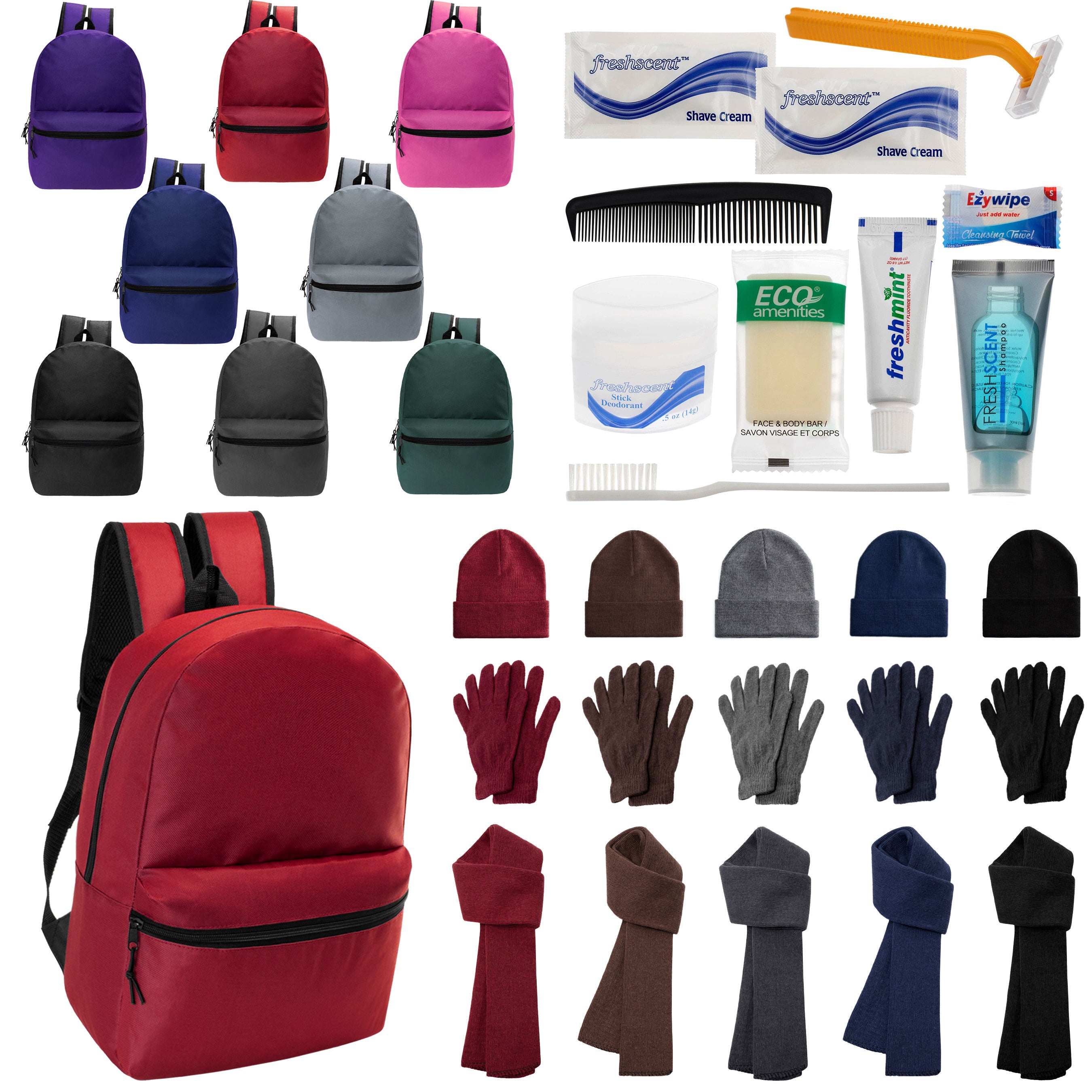 12 Basic 17" Backpacks in 8 Colors, 12 Winter Item Sets & Your Choice of 12 Bulk Hygiene Kits - Wholesale Homeless Care Package