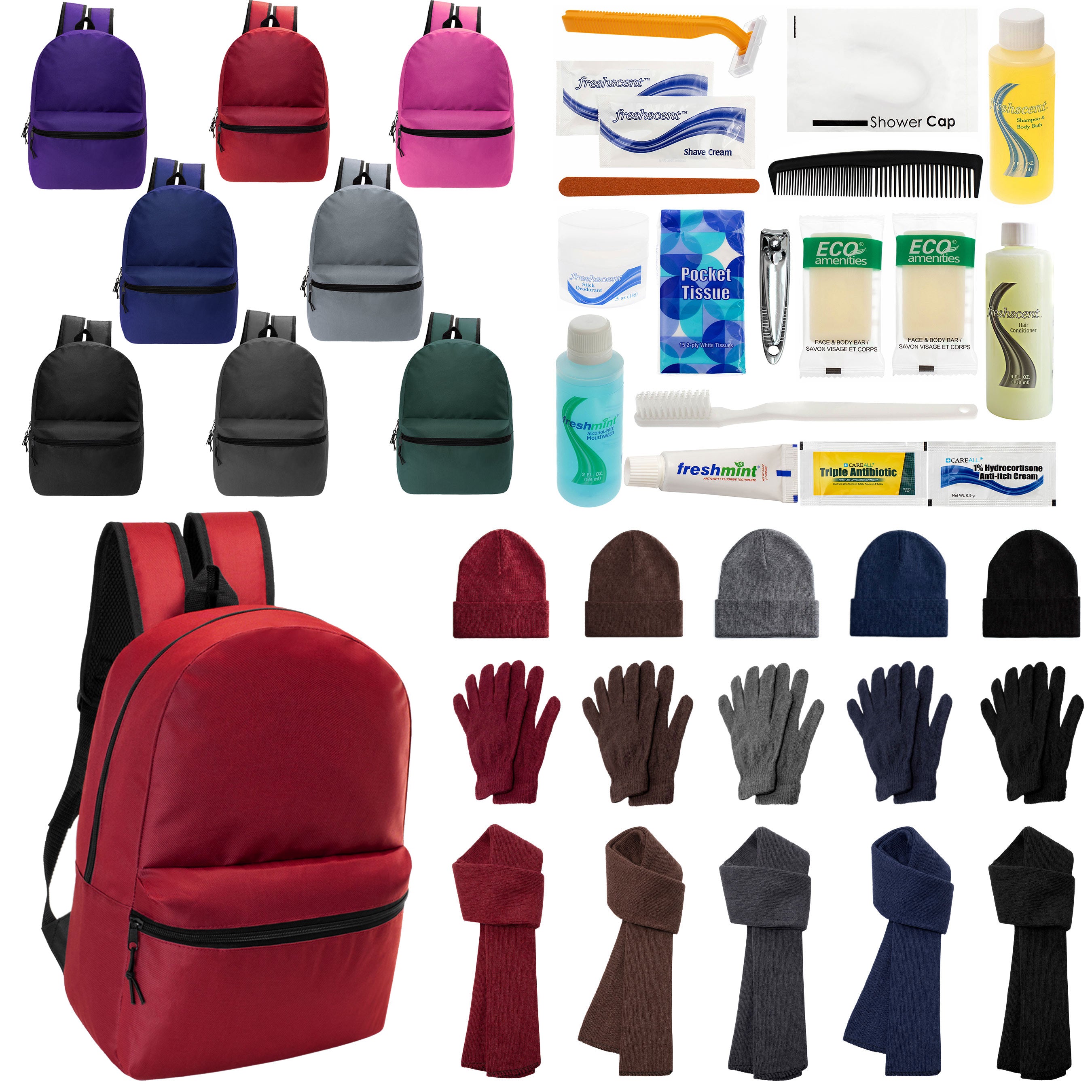 12 Basic 17" Backpacks in 8 Colors, 12 Winter Item Sets & Your Choice of 12 Bulk Hygiene Kits - Wholesale Homeless Care Package