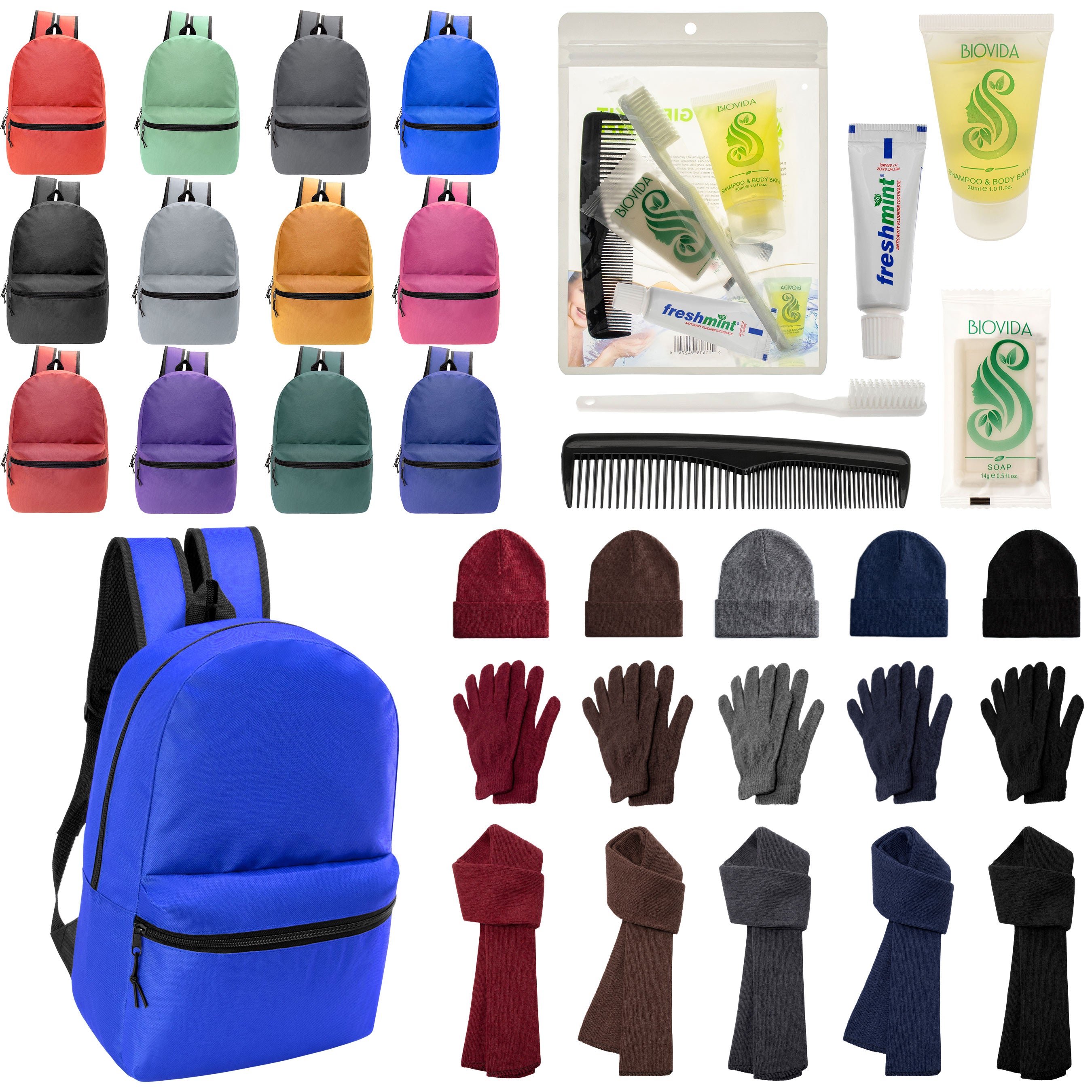 12 Basic 18.5" Backpacks in 12 Colors, 12 Winter Item Sets & Your Choice of 12 Bulk Hygiene Kits - Wholesale Homeless Care Package