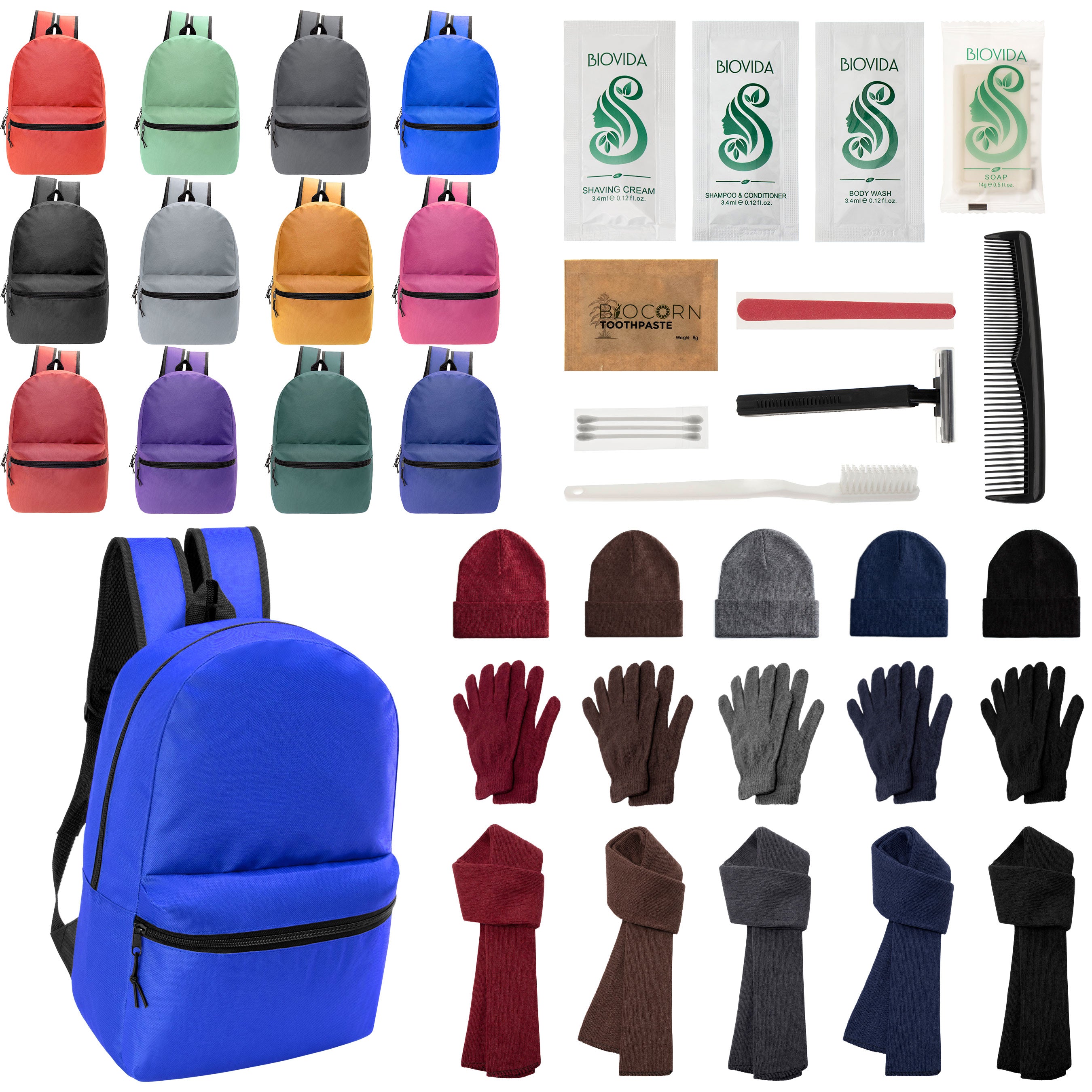 12 Basic 18.5" Backpacks in 12 Colors, 12 Winter Item Sets & Your Choice of 12 Bulk Hygiene Kits - Wholesale Homeless Care Package