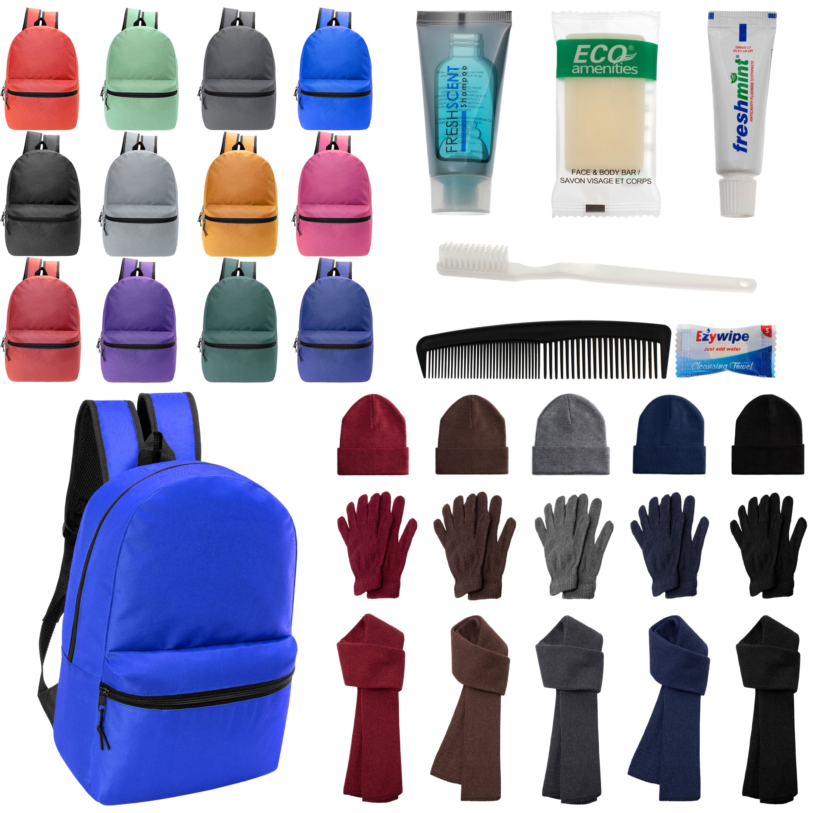 12 Basic 18.5" Backpacks in 12 Colors, 12 Winter Item Sets & Your Choice of 12 Bulk Hygiene Kits - Wholesale Homeless Care Package