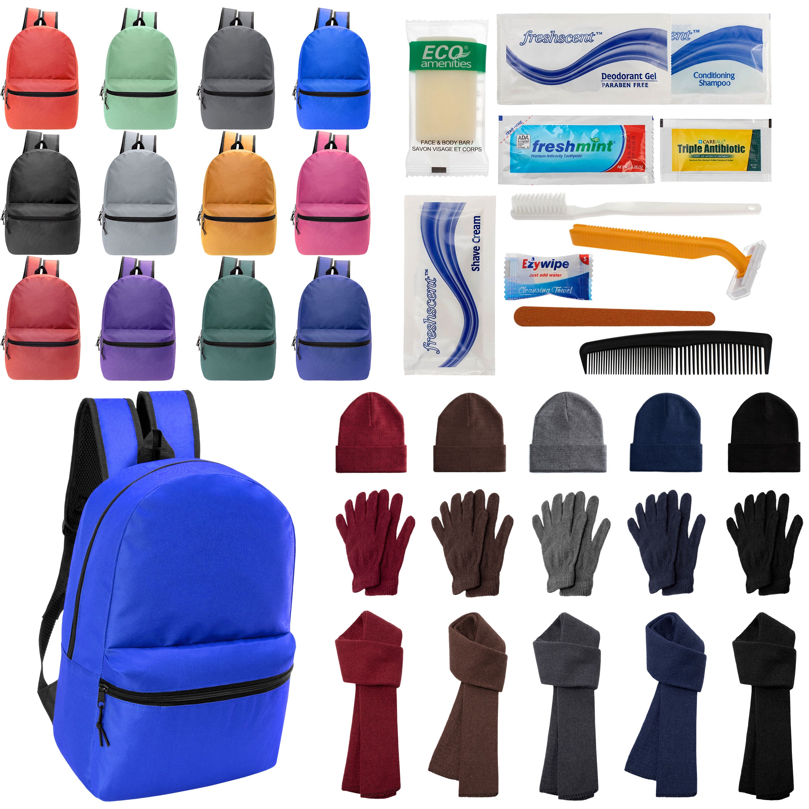 12 Basic 18.5" Backpacks in 12 Colors, 12 Winter Item Sets & Your Choice of 12 Bulk Hygiene Kits - Wholesale Homeless Care Package