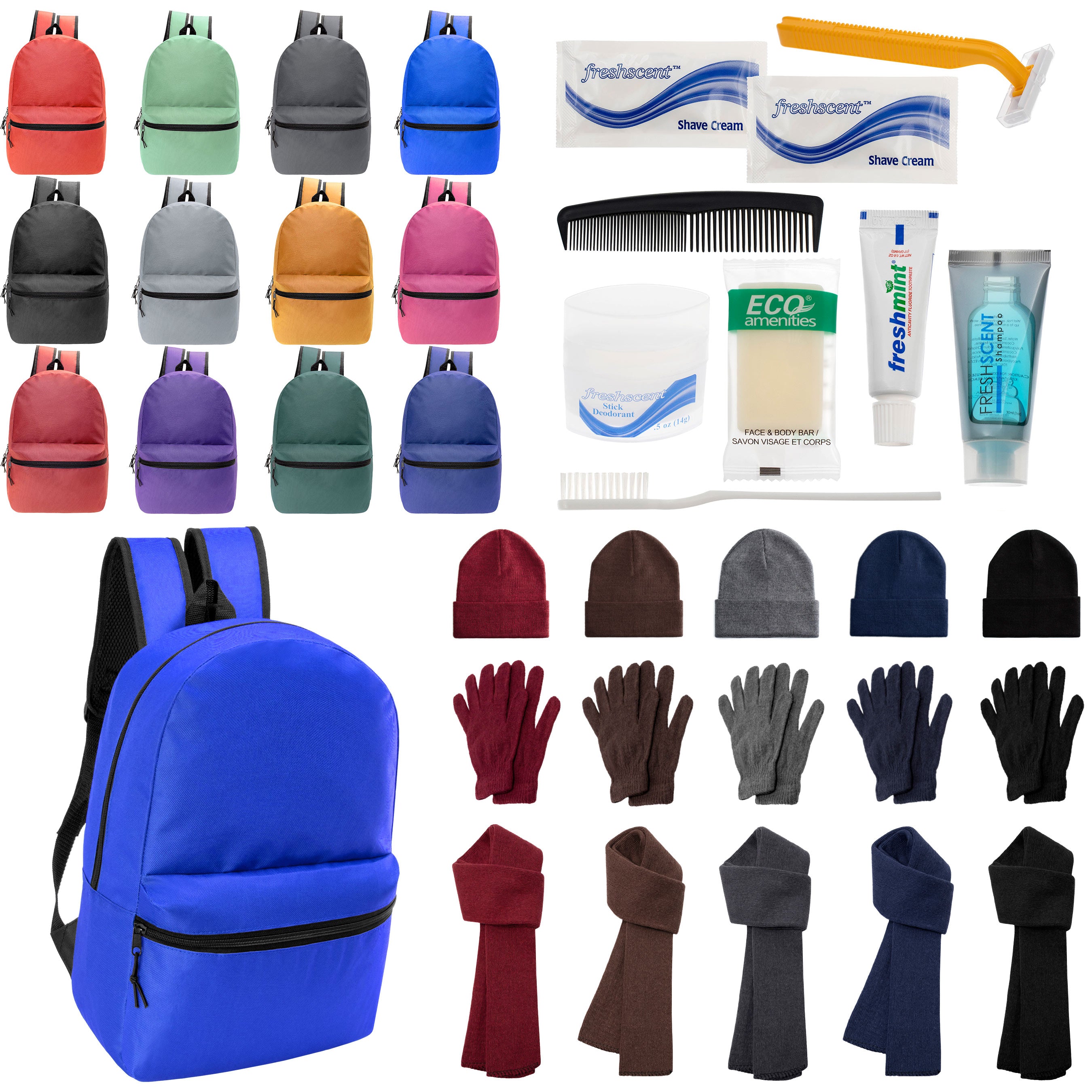 12 Basic 18.5" Backpacks in 12 Colors, 12 Winter Item Sets & Your Choice of 12 Bulk Hygiene Kits - Wholesale Homeless Care Package