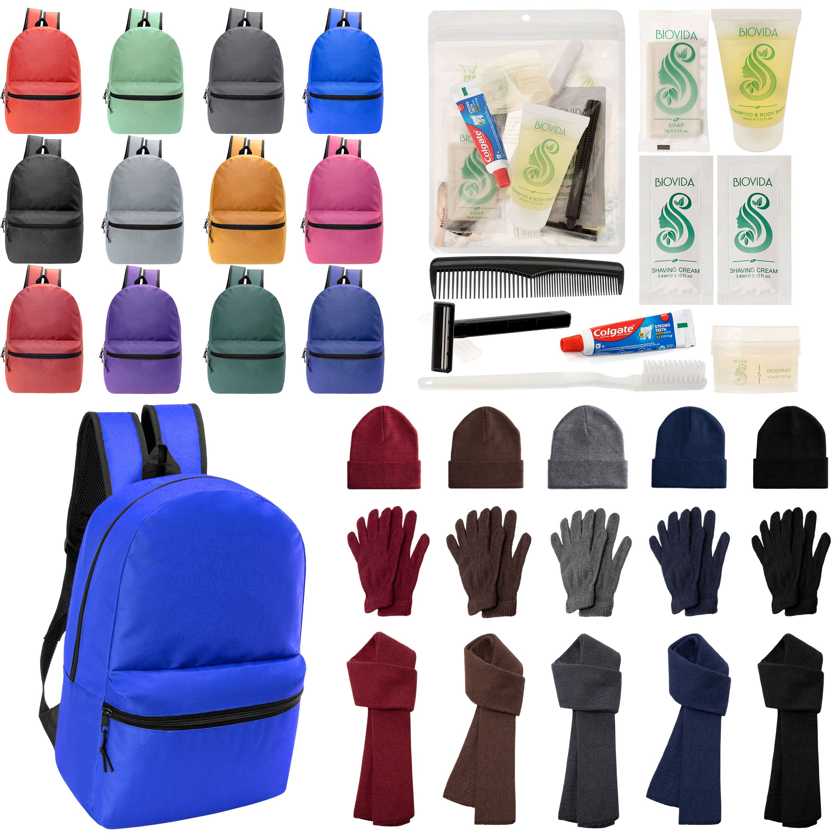 12 Basic 18.5" Backpacks in 12 Colors, 12 Winter Item Sets & Your Choice of 12 Bulk Hygiene Kits - Wholesale Homeless Care Package