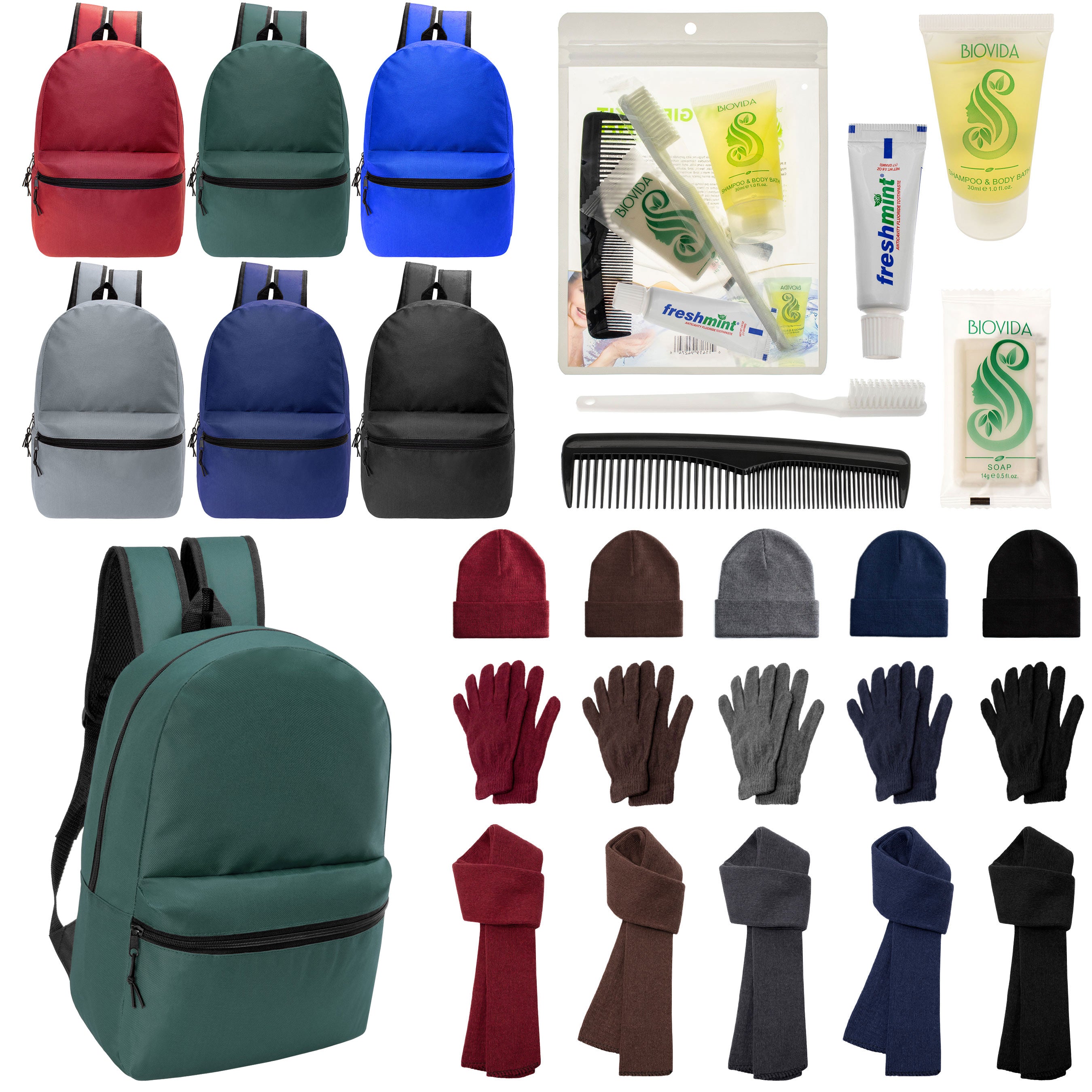 12 Basic 18.5" Backpacks in 6 Colors, 12 Winter Item Sets & Your Choice of 12 Bulk Hygiene Kits - Wholesale Homeless Care Package