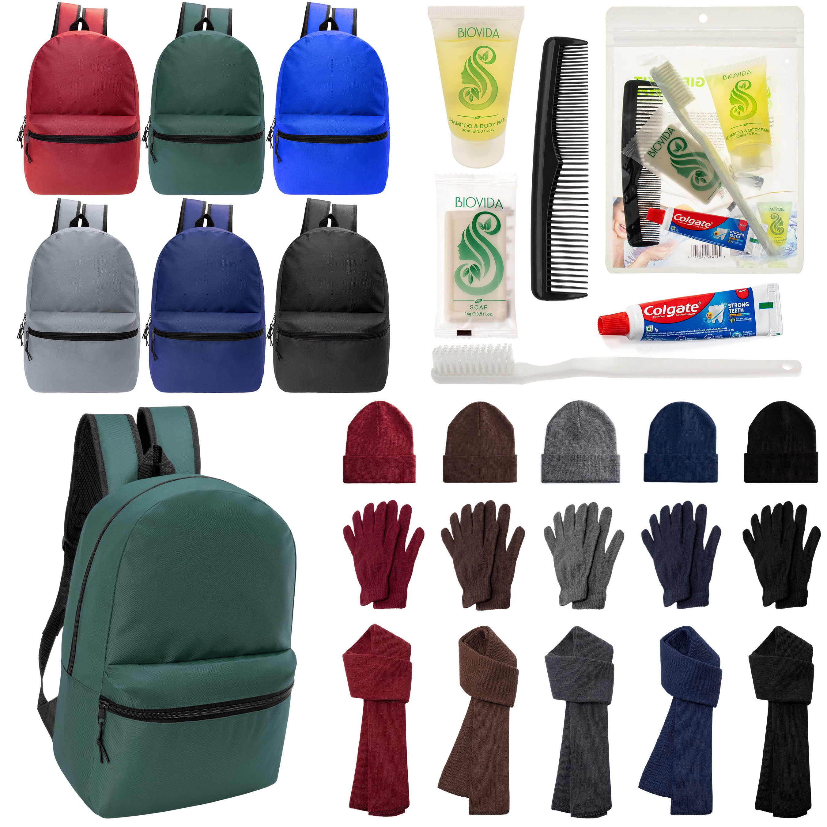 12 Basic 18.5" Backpacks in 6 Colors, 12 Winter Item Sets & Your Choice of 12 Bulk Hygiene Kits - Wholesale Homeless Care Package