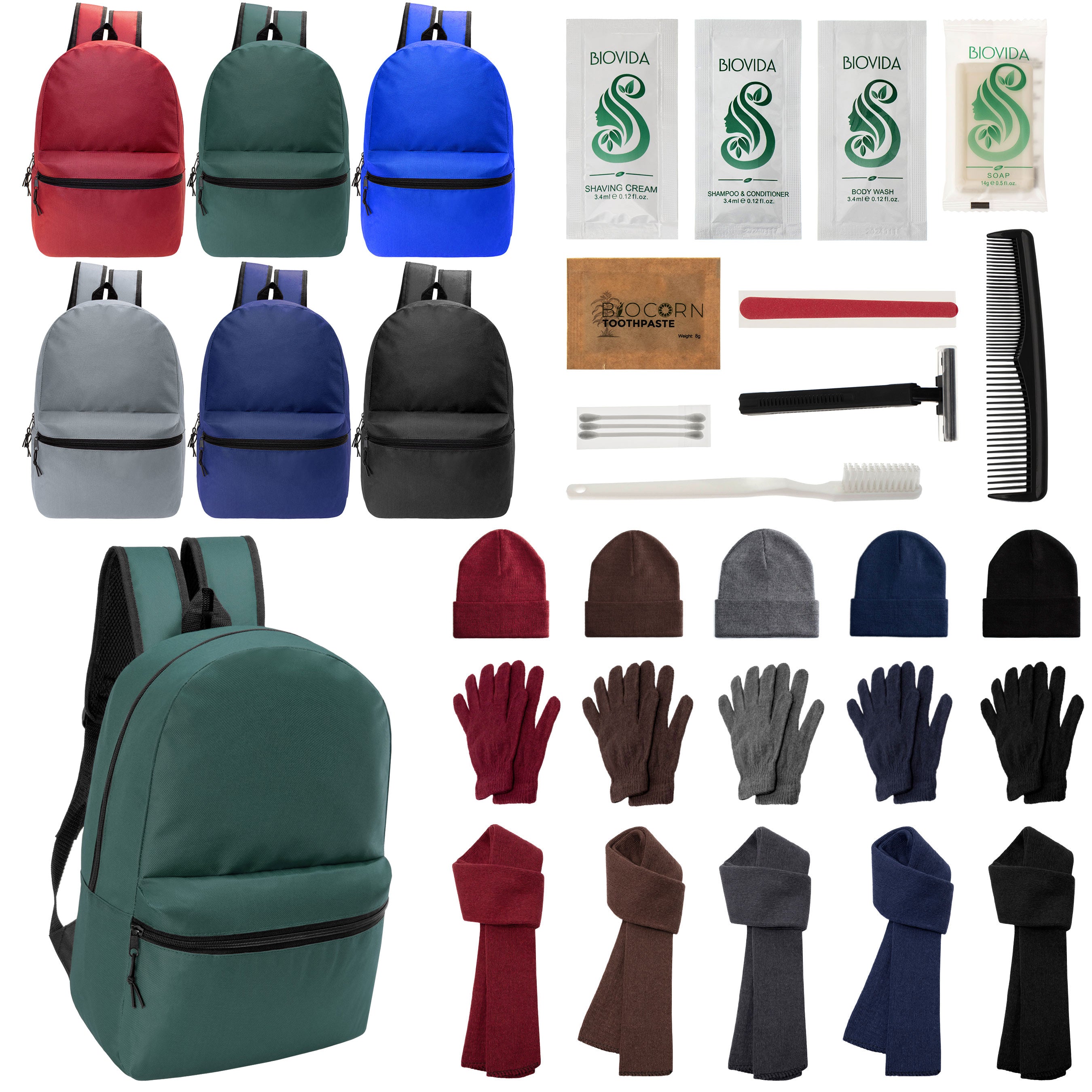 12 Basic 18.5" Backpacks in 6 Colors, 12 Winter Item Sets & Your Choice of 12 Bulk Hygiene Kits - Wholesale Homeless Care Package